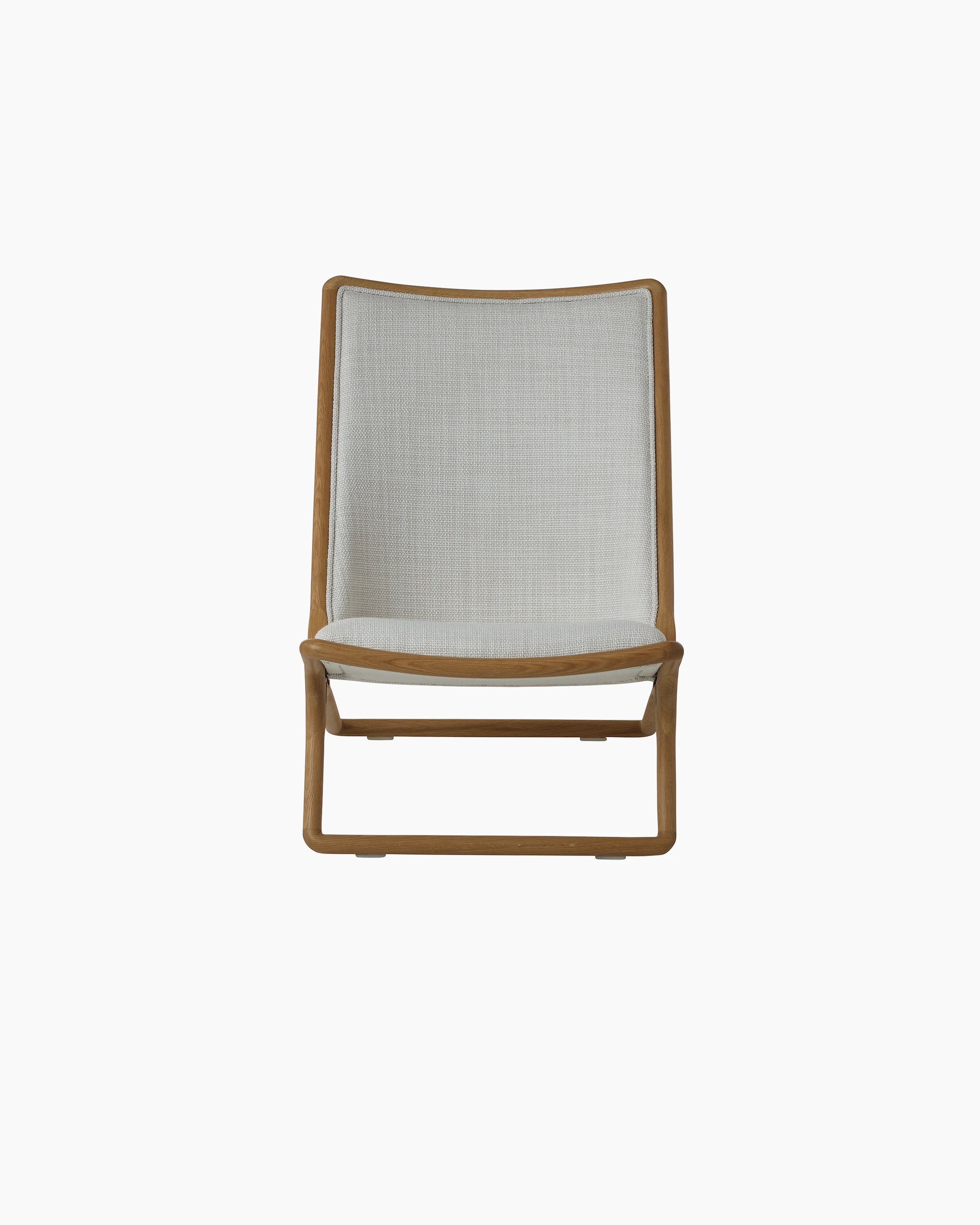 Scissor Chair by Ward Bennett for Geiger in Natural Oak with Capri in Show upholstery, front view on a white sweep.