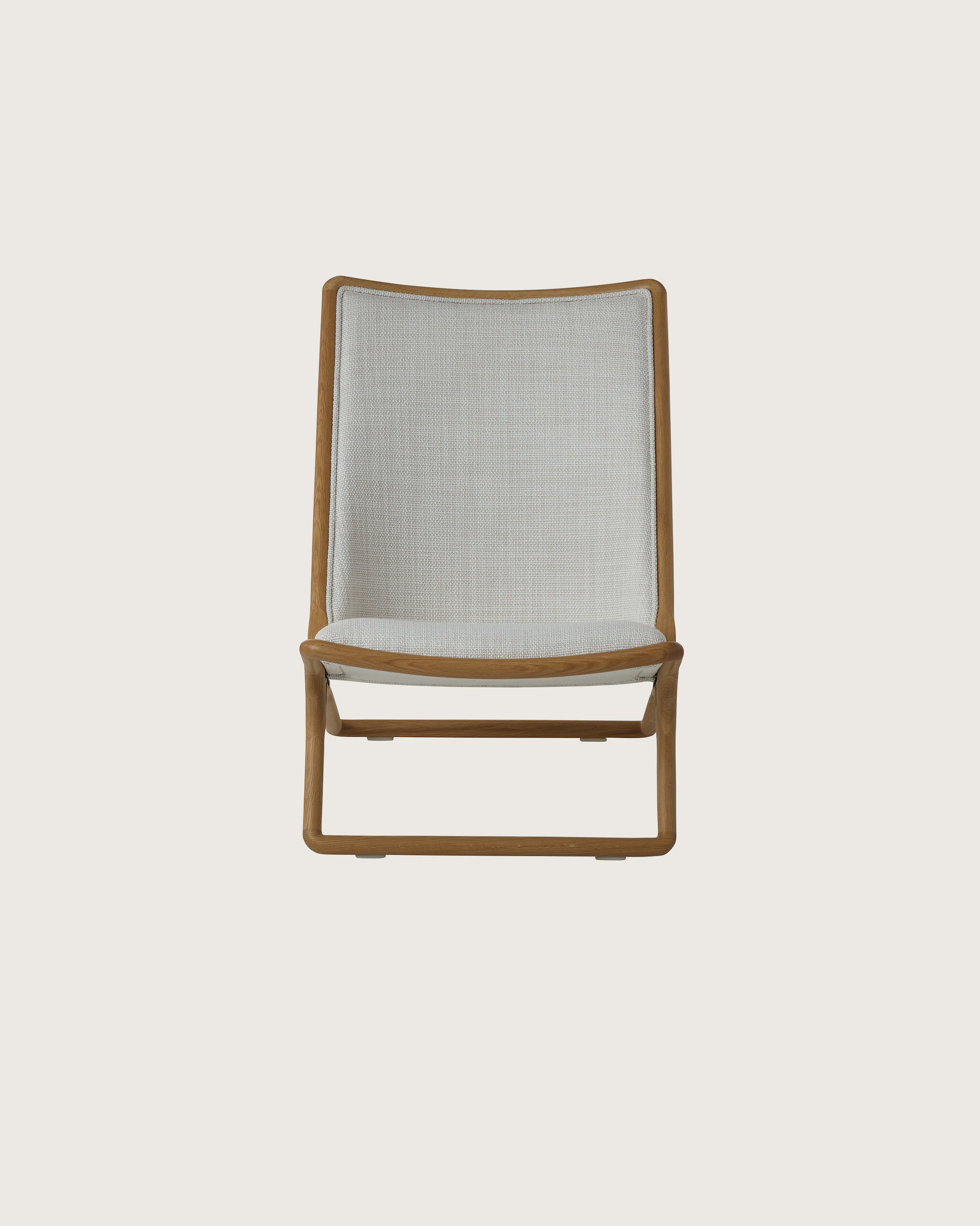 Scissor Chair by Ward Bennett for Geiger in Natural Oak with Capri in Show upholstery, front view on a white sweep.