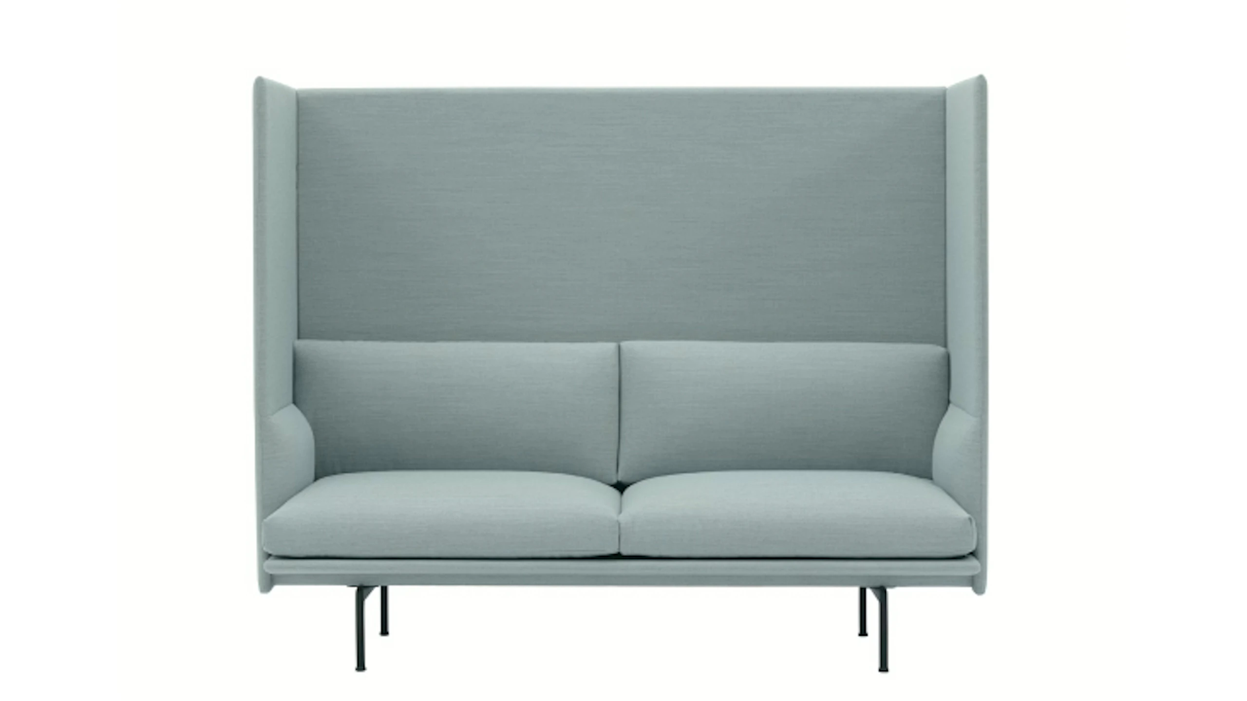Outline Highback Sofa by Muuto with winged sides, wide seat cushions, and slim black metal legs in light blue fabric.