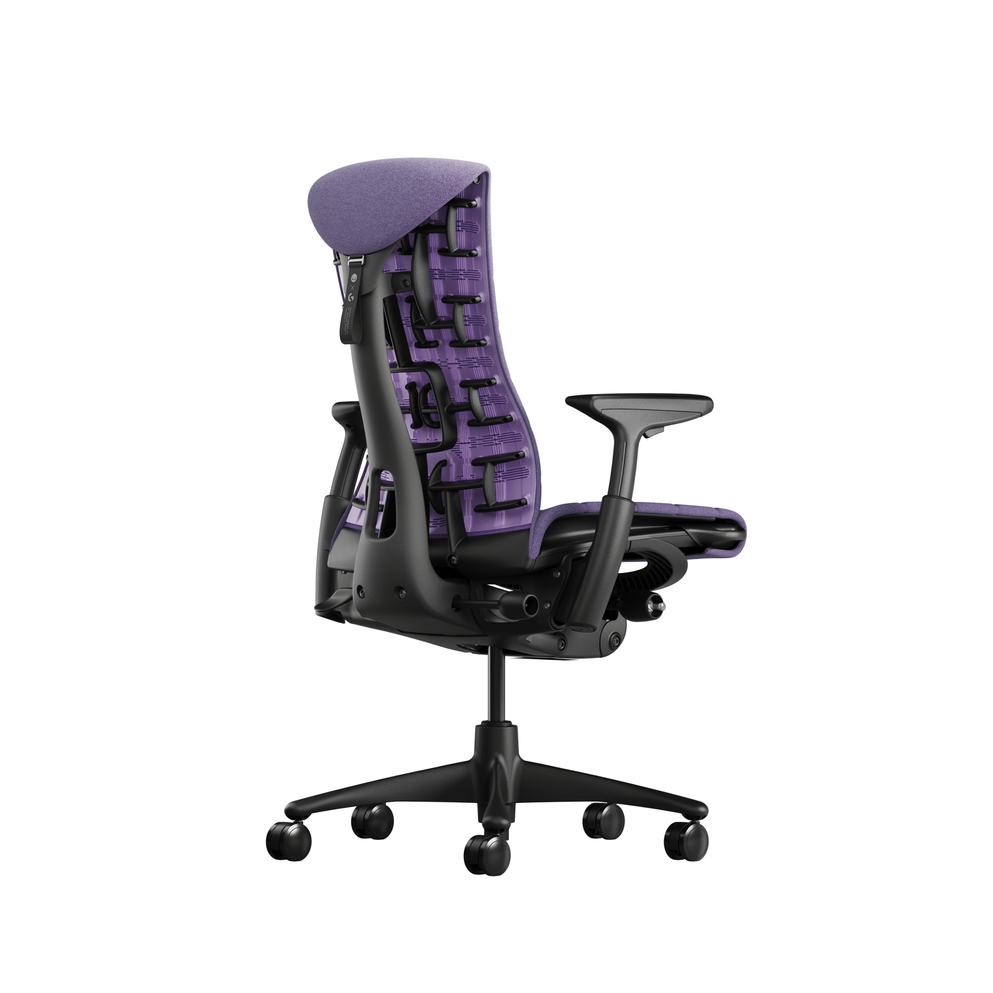 Embody Gaming Chair in Graphite, Amethyst and White viewed from the back angle