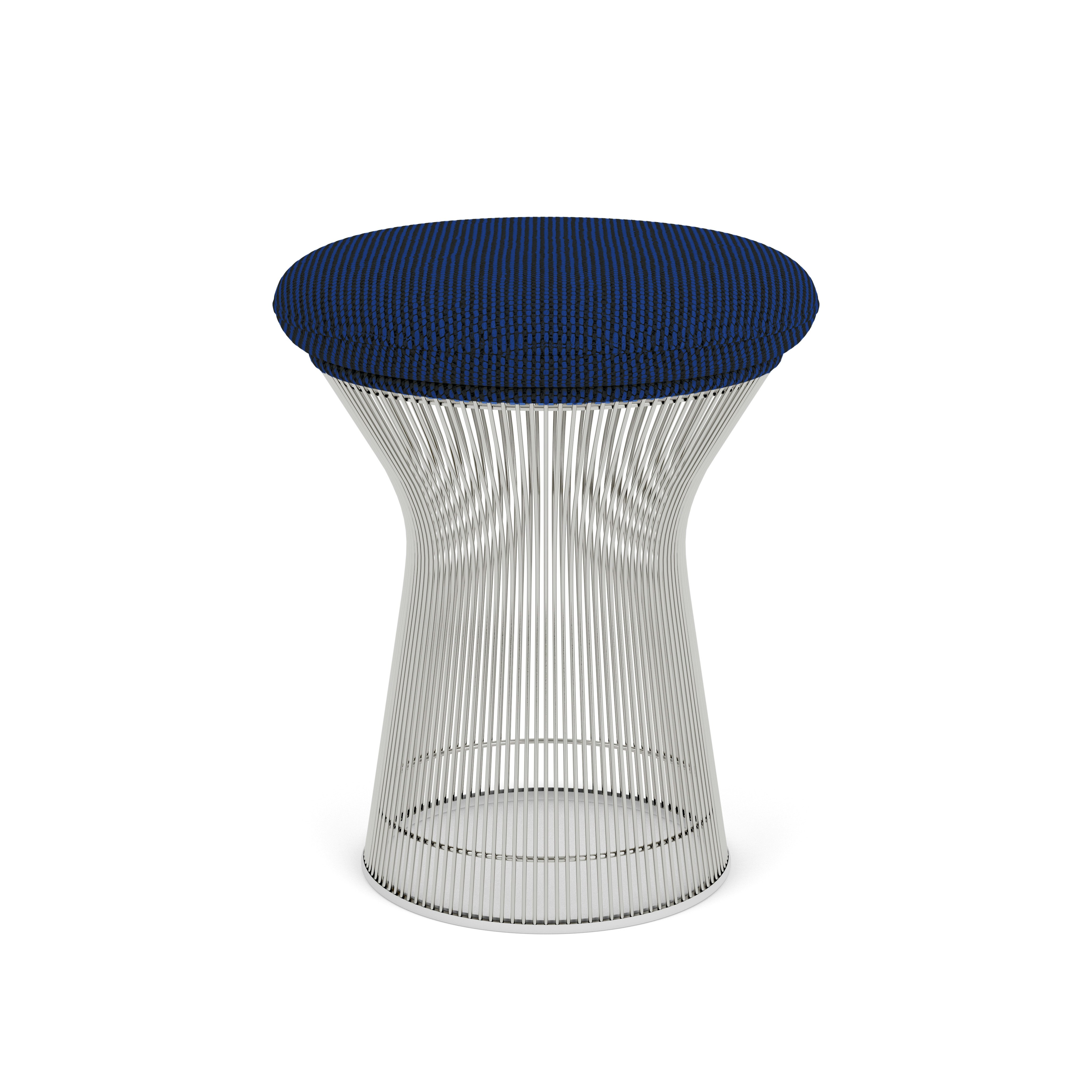 A Platner Stool in Lazuli Polished Nickel viewed from an angle.