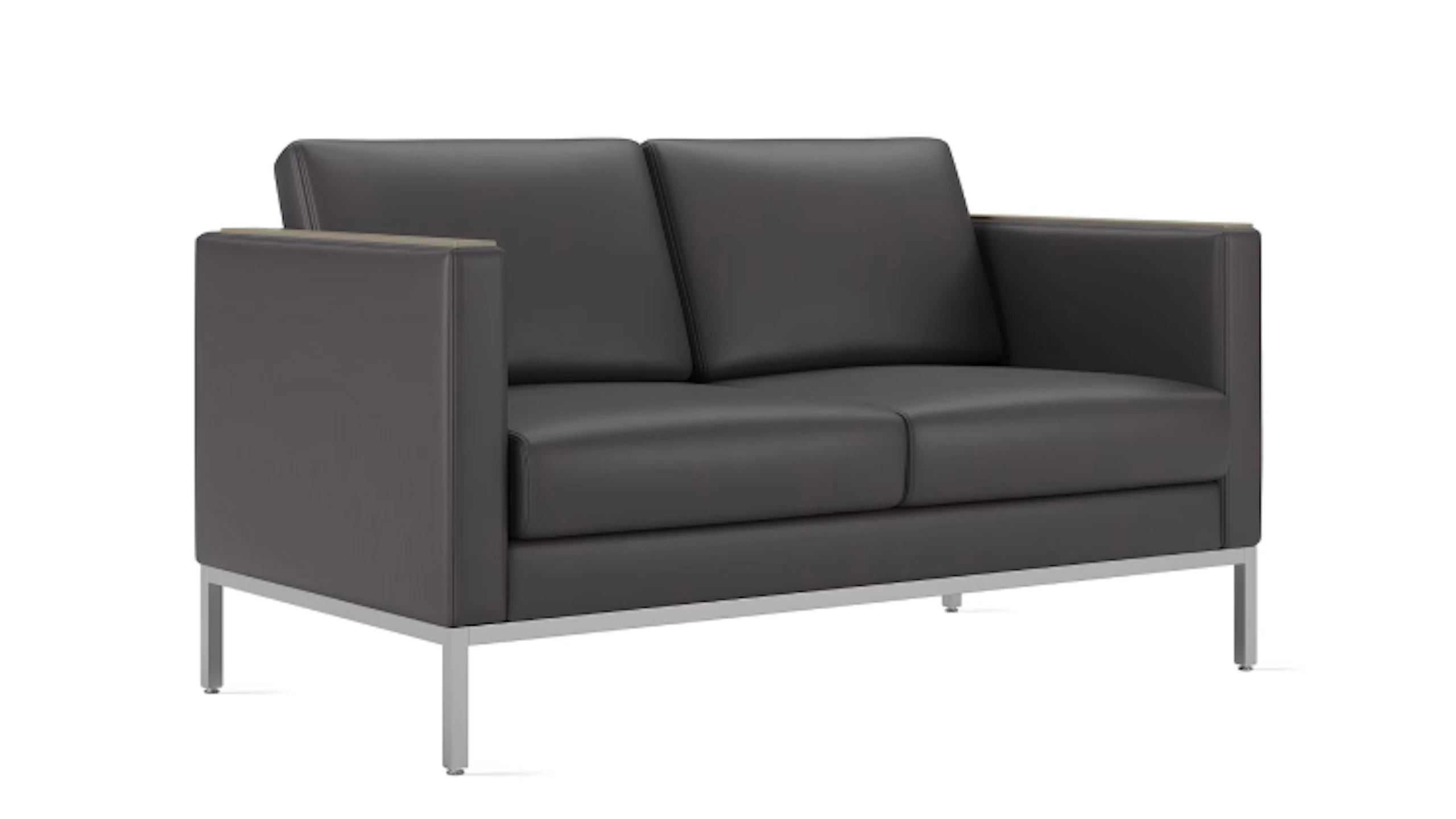 Angled view of a Riva Lounge Two Seat Sofa in grey black upholstery.