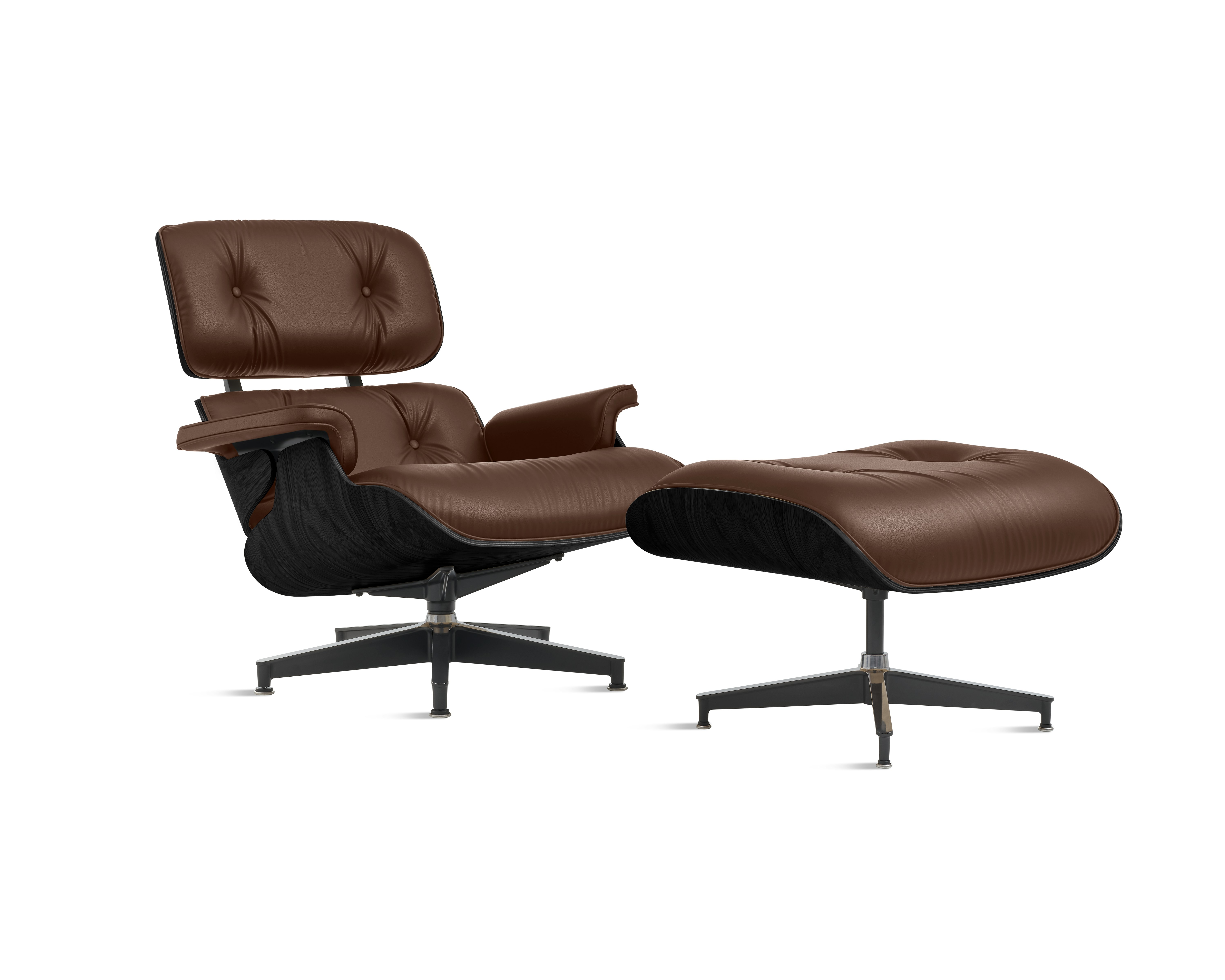 Eames Lounge & Ottoman,  3/4 View - Ebony Ash - All Grain Leather,  Brazil Nut