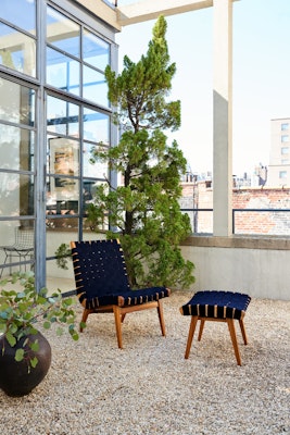 Risom lounge chair ottoman navy sunbrella webbing teak outdoor 