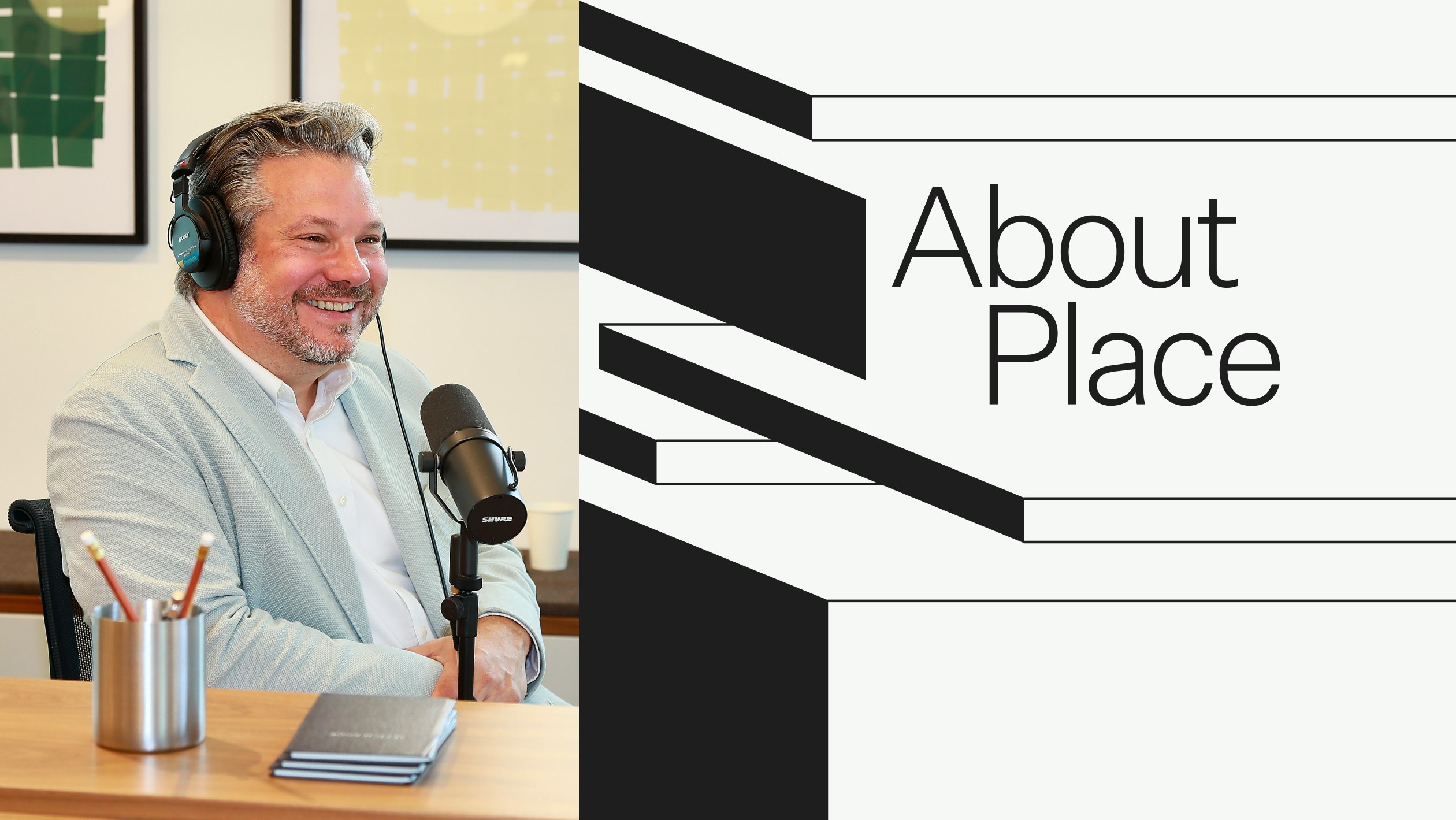 Ryan Anderson sitting behind a microphone while recording his podcast, About Place, and the black-and-white About Place logo.
