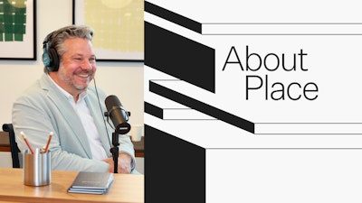 Ryan Anderson sitting behind a microphone while recording his podcast, About Place, and the black-and-white About Place logo.