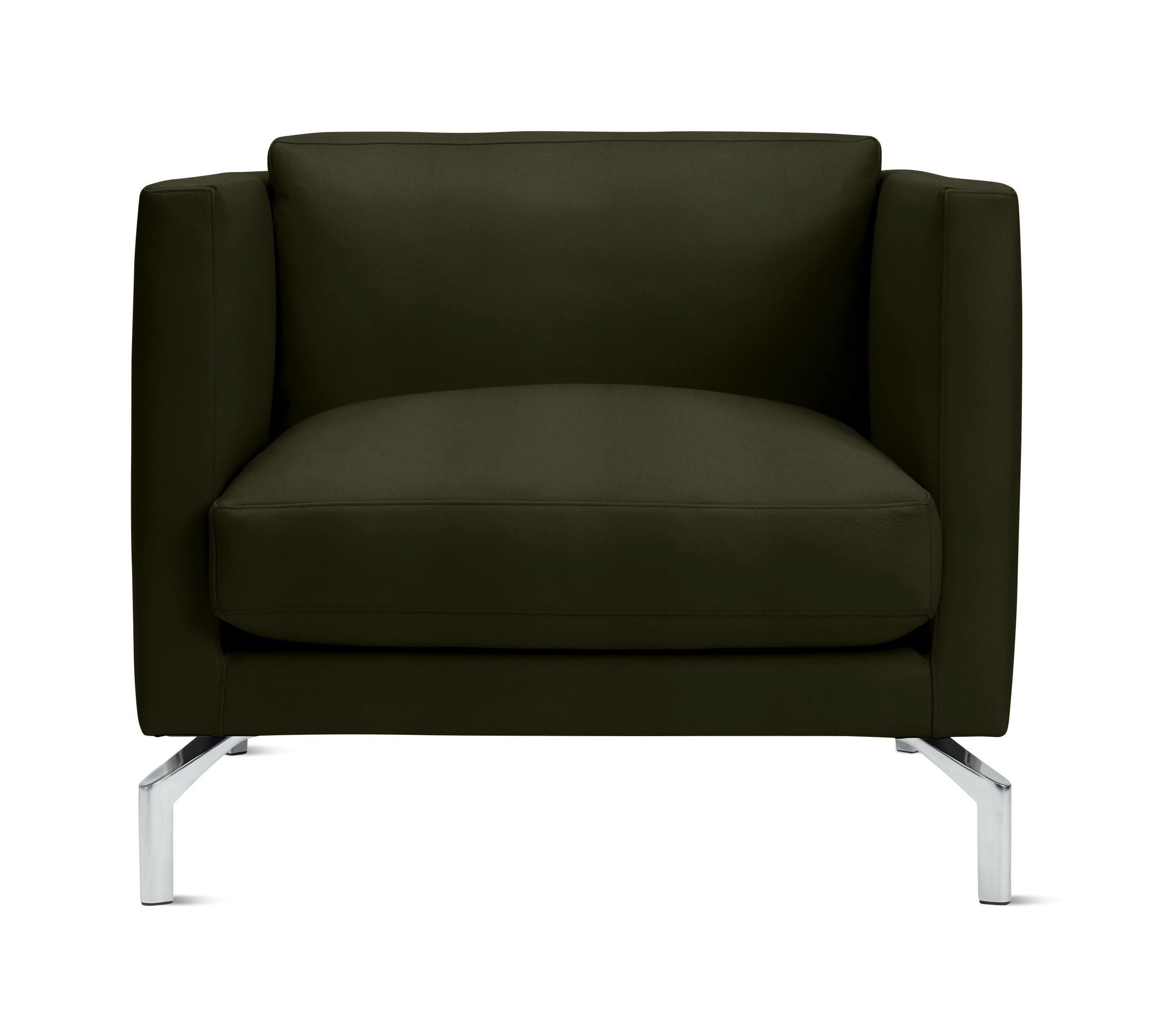 A Comolino Armchair in Crypton Sintra Velvet: Olive viewed from the front.