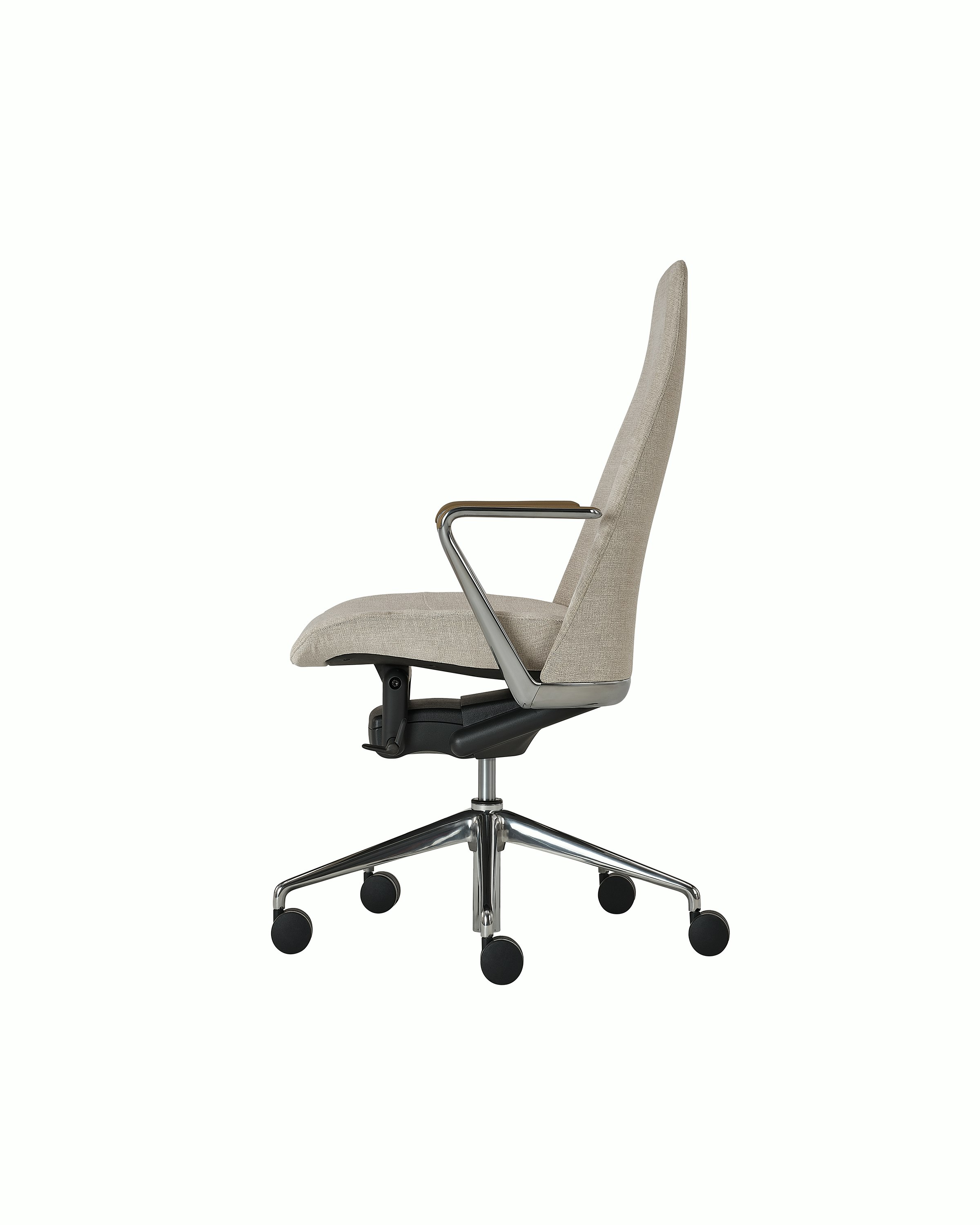 Taper Chair designed by Mark Goetz upholstered in Ingenue in Sand Mix with leather arm pads in Prone Leather in Burlap and a polished chrome base, shown in profile on a white sweep.