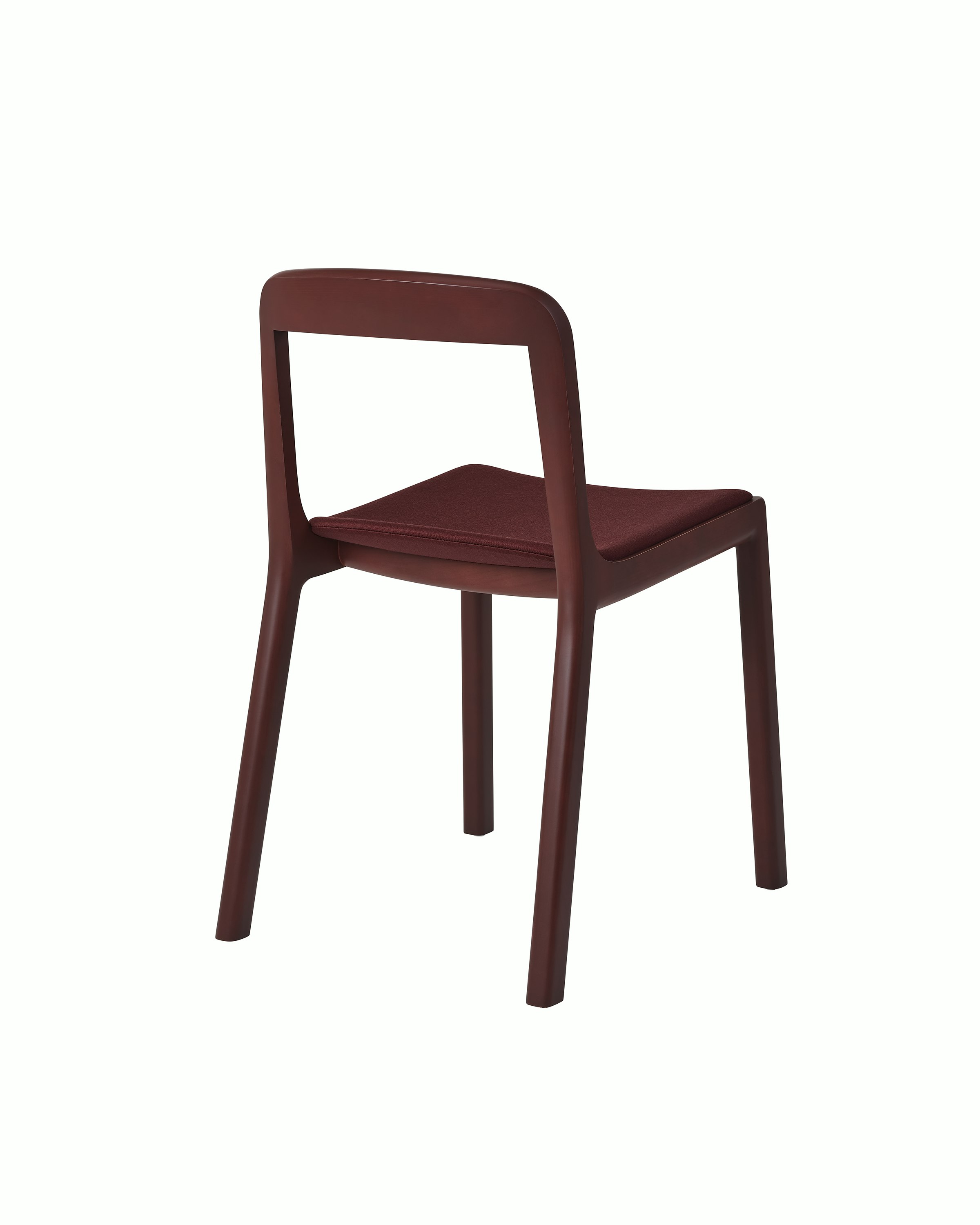 Lijn Side Chair by Carole Baijings for Geiger in Red Clay frame upholstered with Maharam Valor in Saloon, angled back view on a white sweep.
