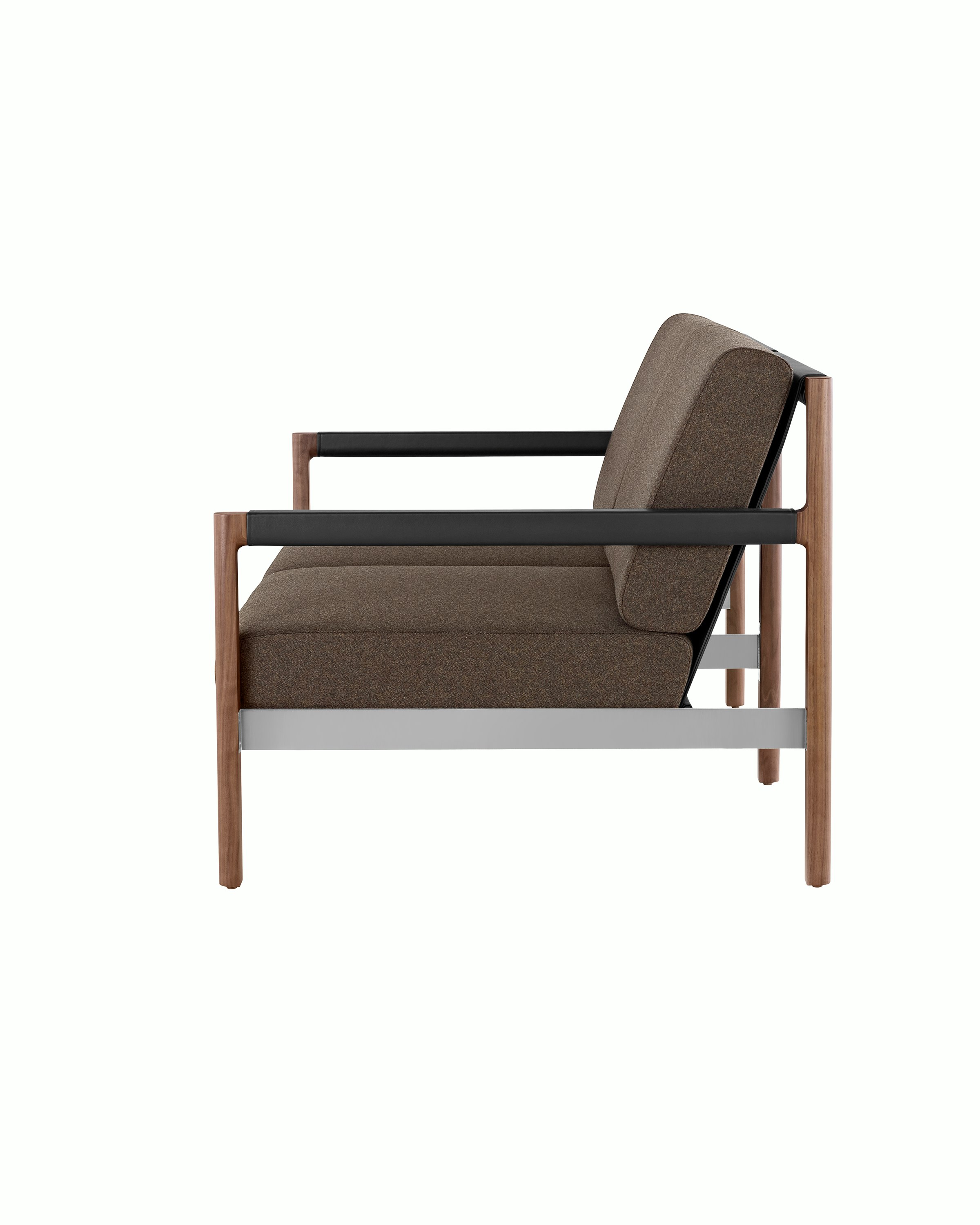 A Brabo Settee with dark upholstery, leather and metal accents, and an exposed wood frame. Viewed from the side.