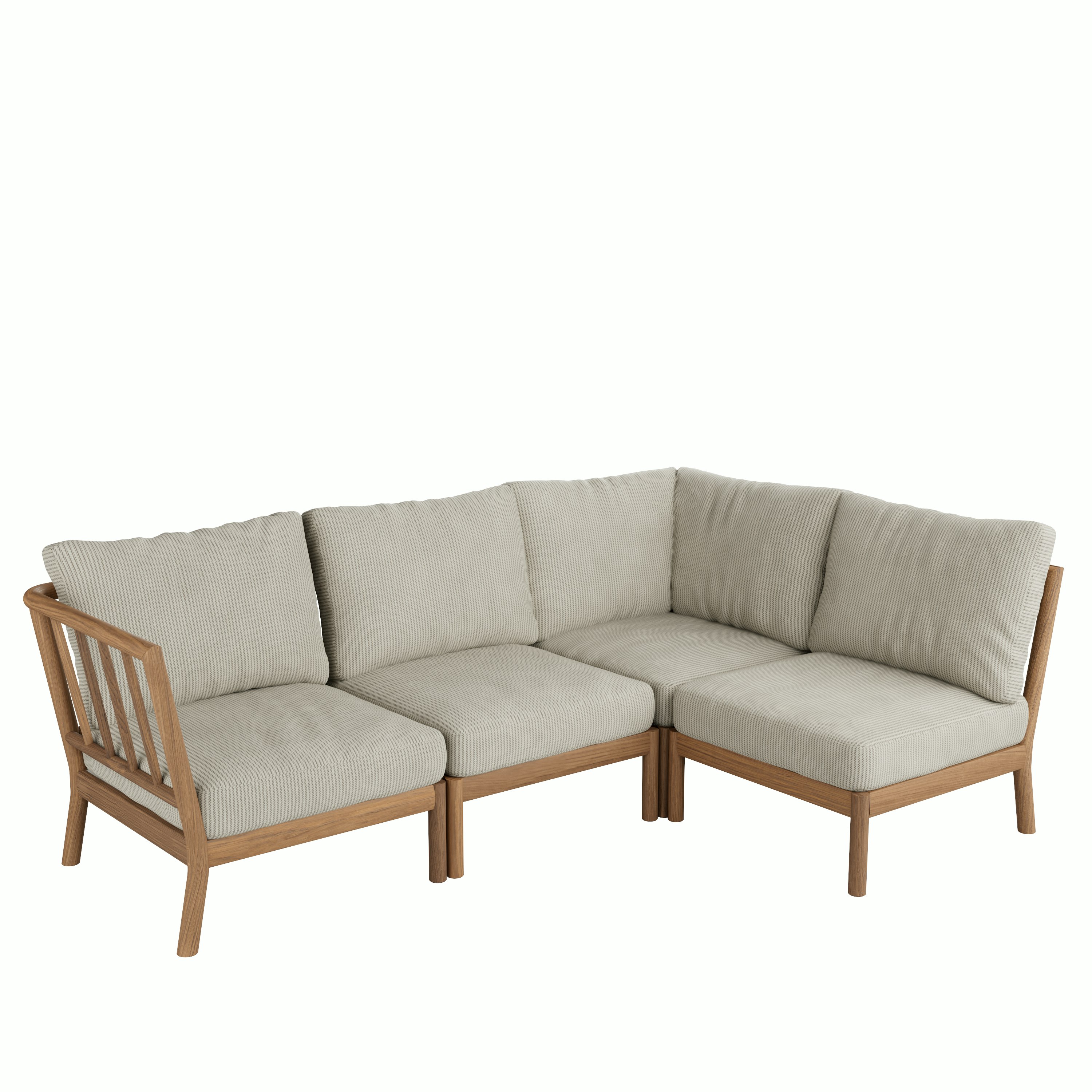A Tradition Outdoor Open Corner Sectional in Beige viewed from an angle.