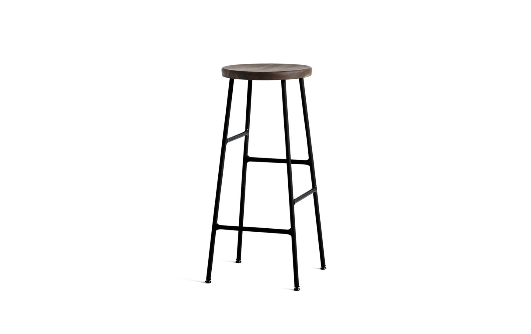 A Cornet Barstool with a smoked oak seat and black base.