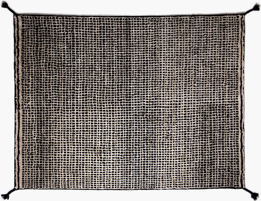 Grid Handknotted Wool Rug - White_Black, 5.7 x 7.9