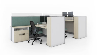 A three-quarter angled view of a Dividends Horizon by Knoll workstation