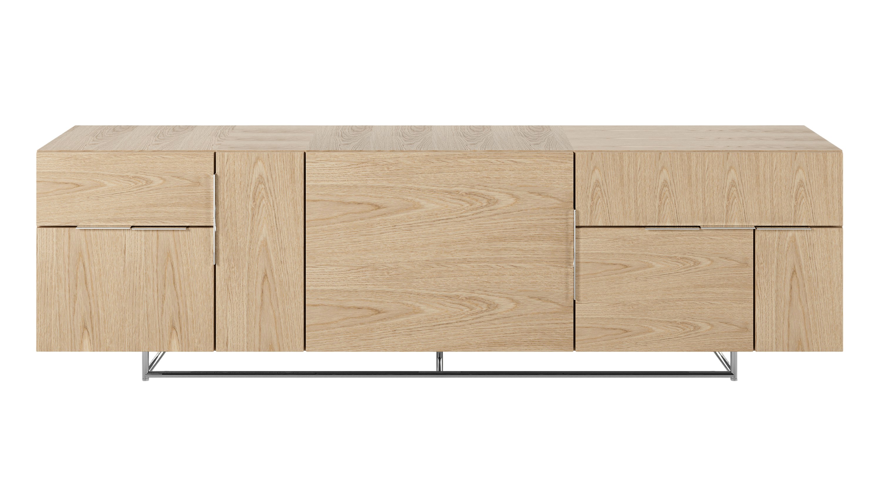 Three unit wide Domino Credenza with mixed storage in oak with a polished aluminum base viewed from the front.