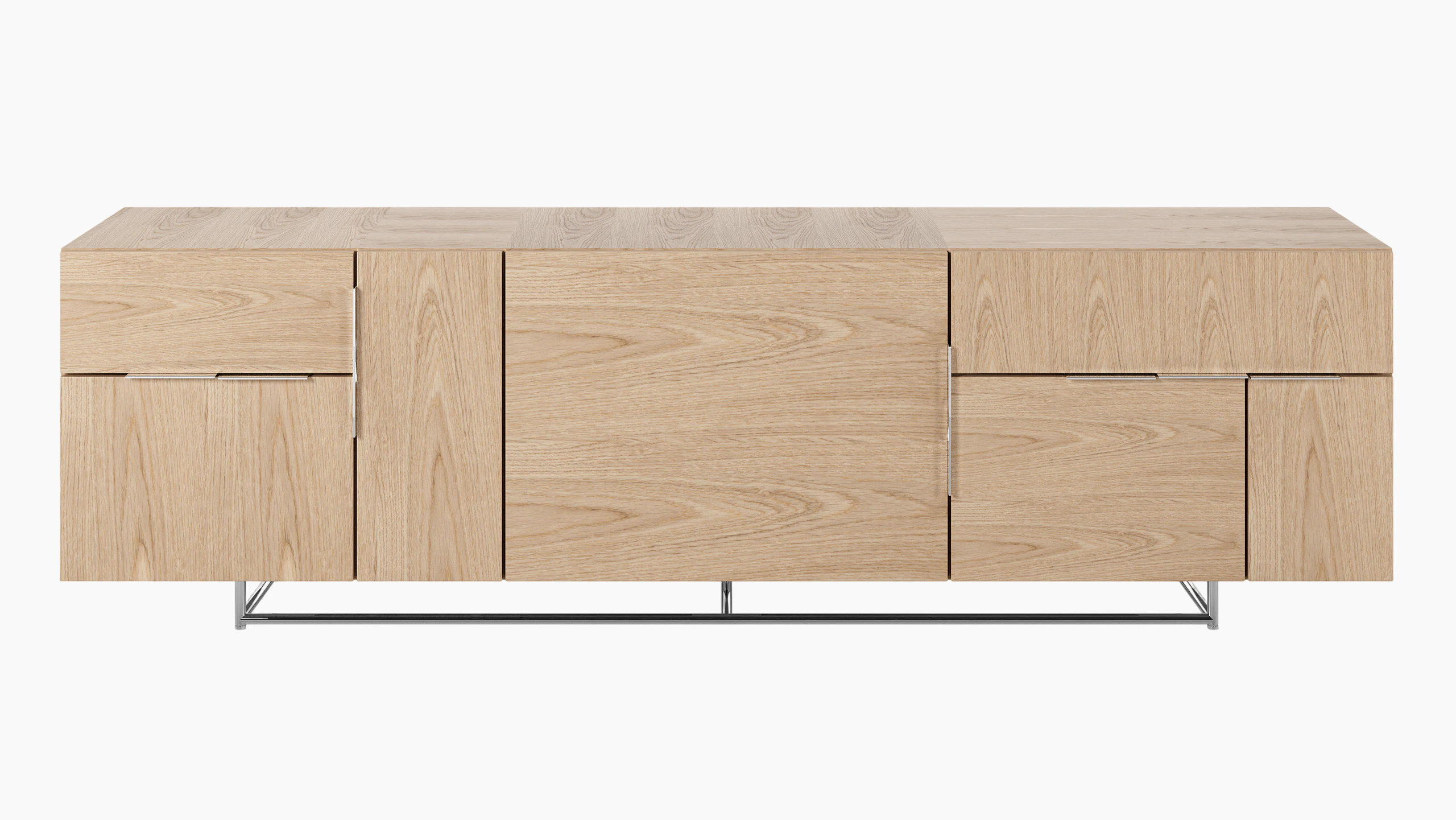 Three unit wide Domino Credenza with mixed storage in oak with a polished aluminum base viewed from the front.