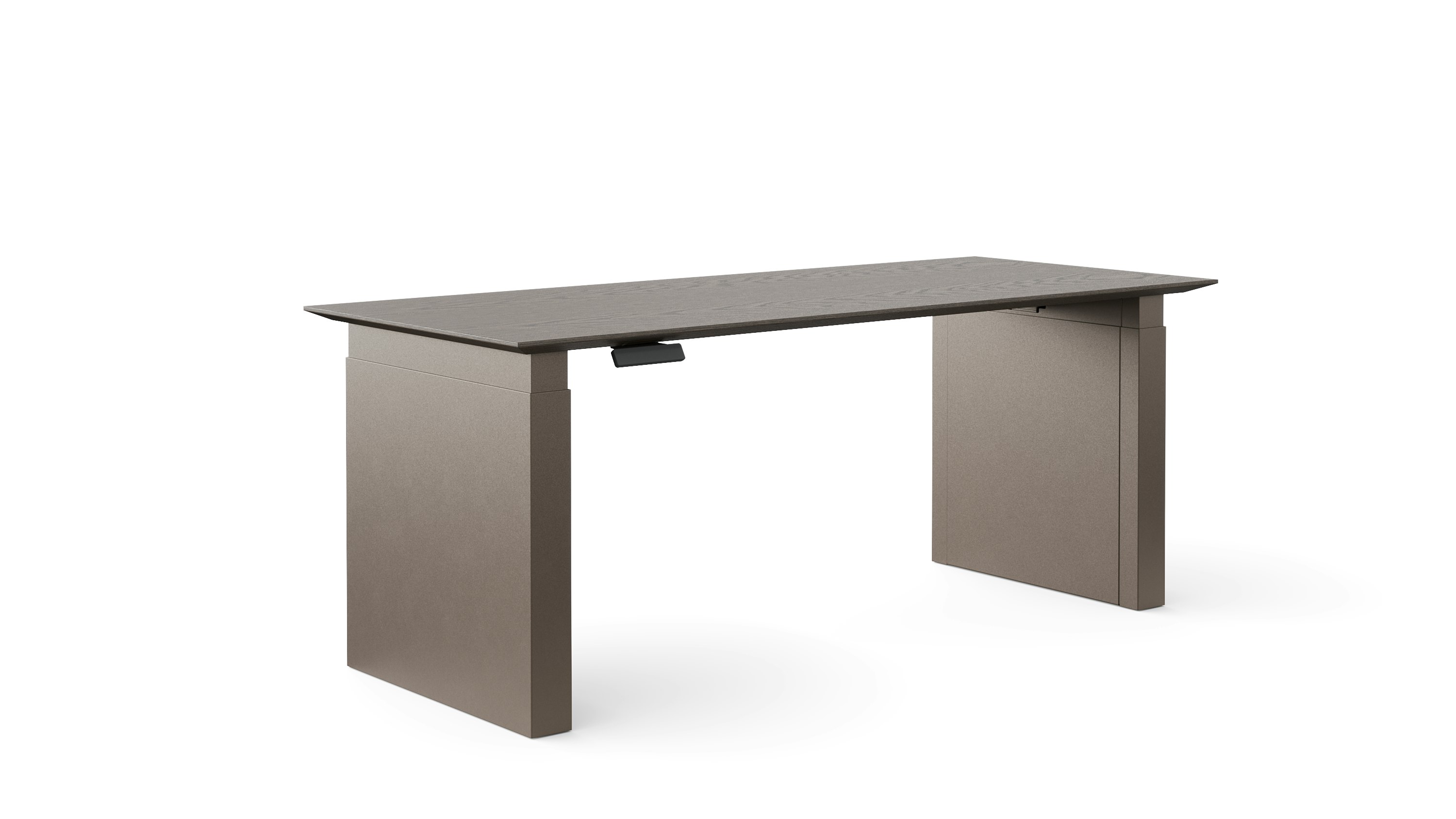 A height adjustable table with shrouded legs is shown in dark finishes.