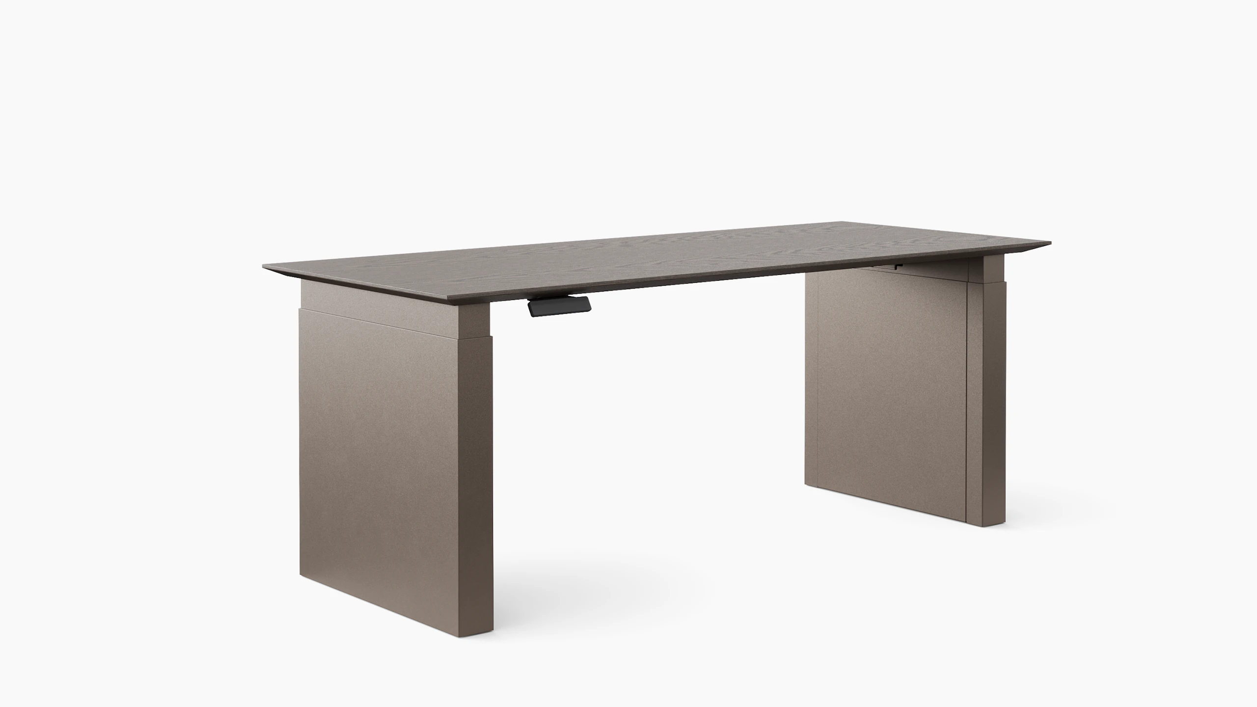 A height adjustable table with shrouded legs is shown in dark finishes.