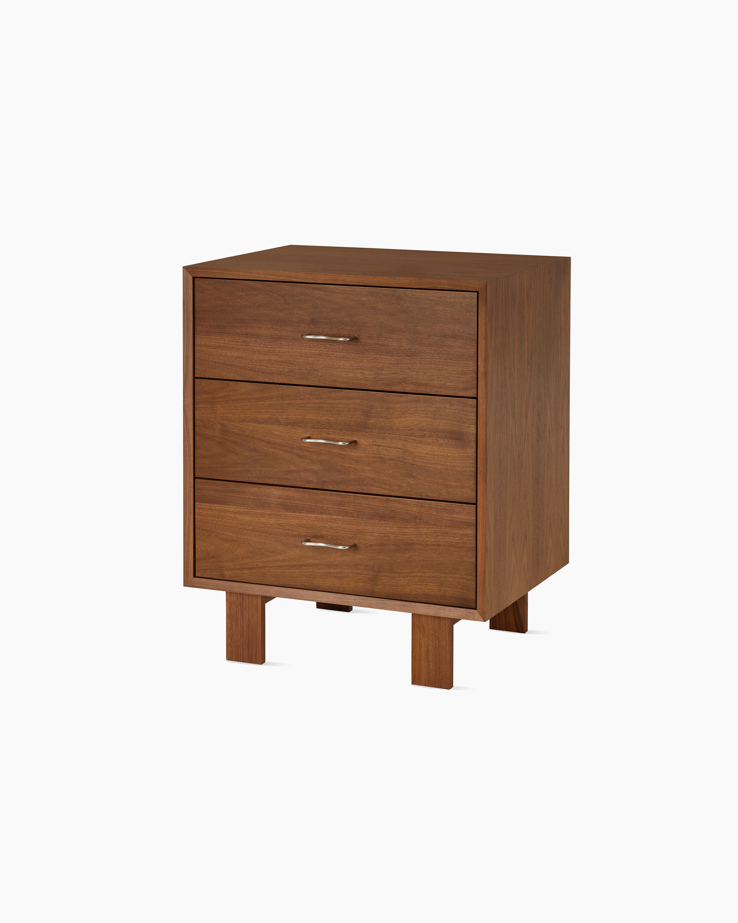 Nelson Basic Cabinet Series 3 drawer cabinet, standard square legs, wavy pulls, in walnut.
