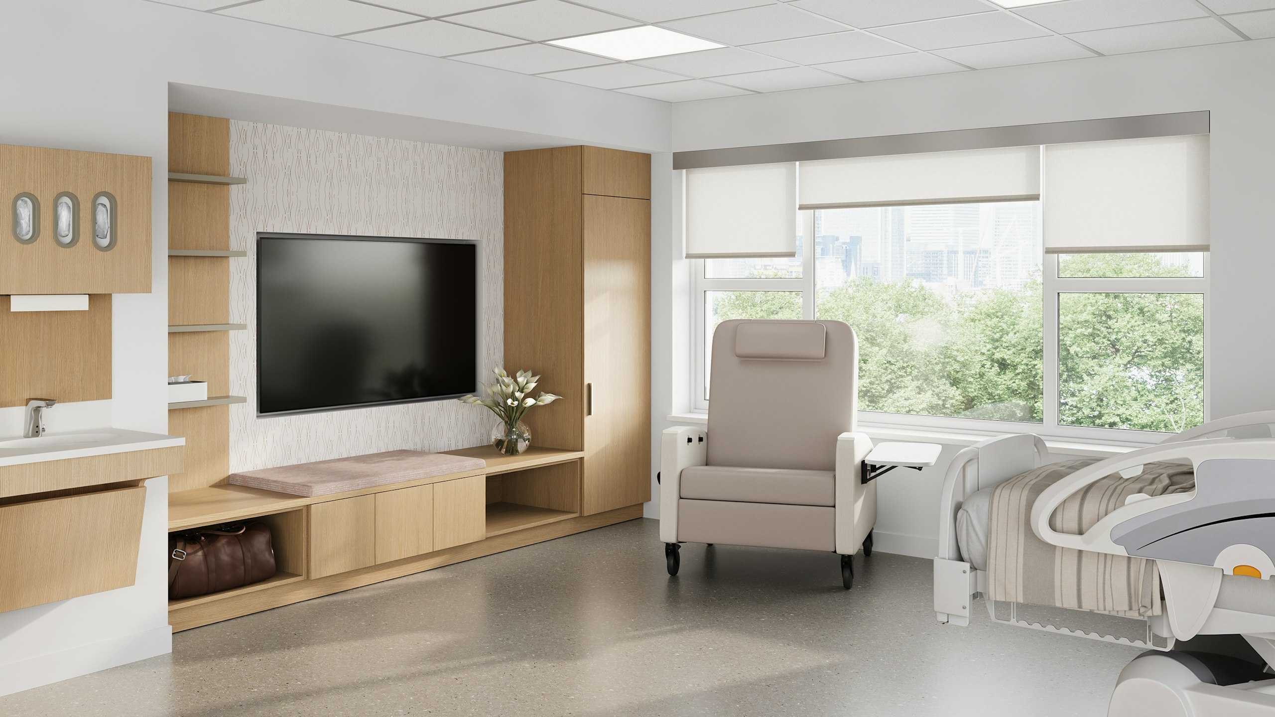 Mora System with bench and open shelving with Gemma Recliner.