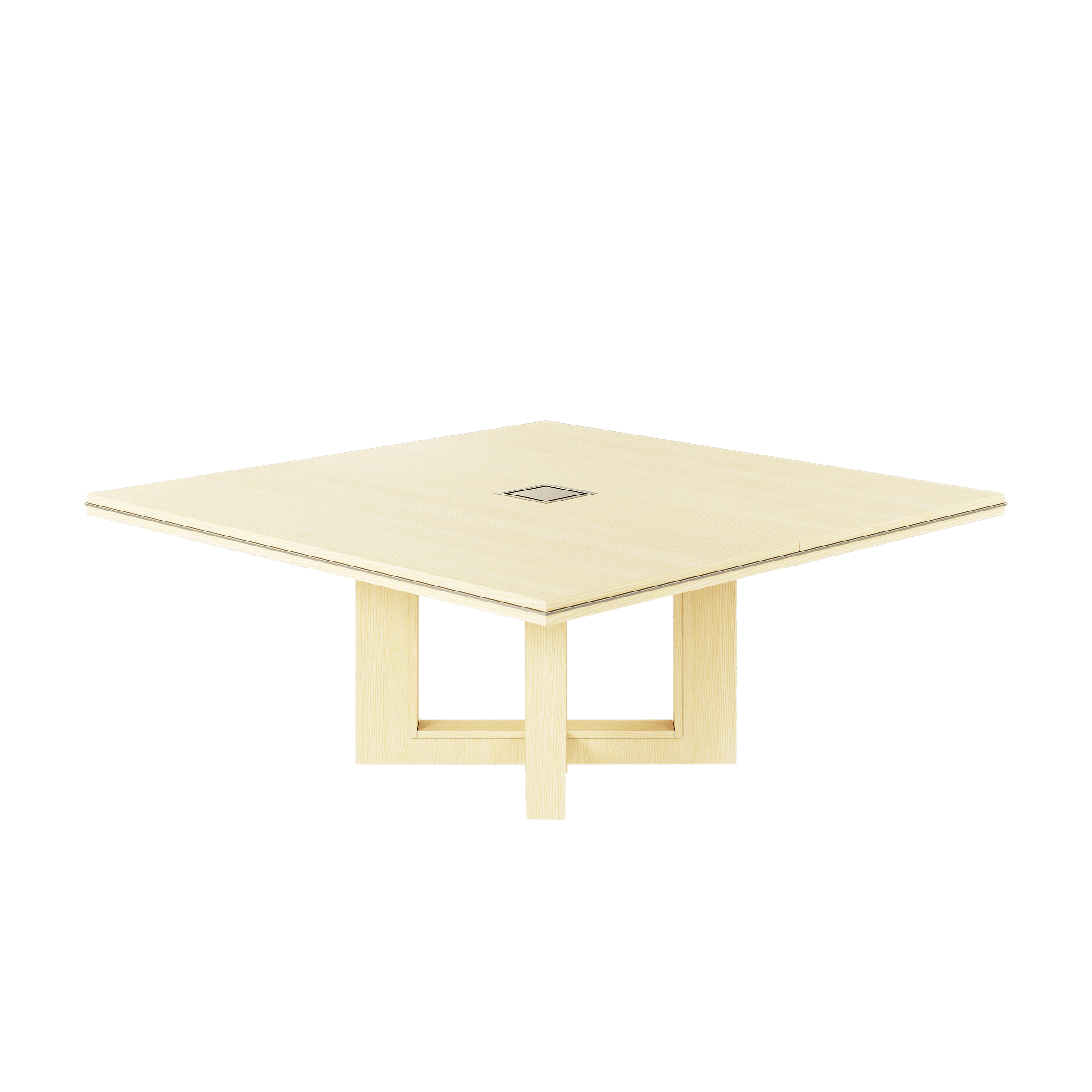 Square Highline Fifty Meeting Table in White Quarter Cut Ash and Satin Nickel details viewed from a 45 degree angle.