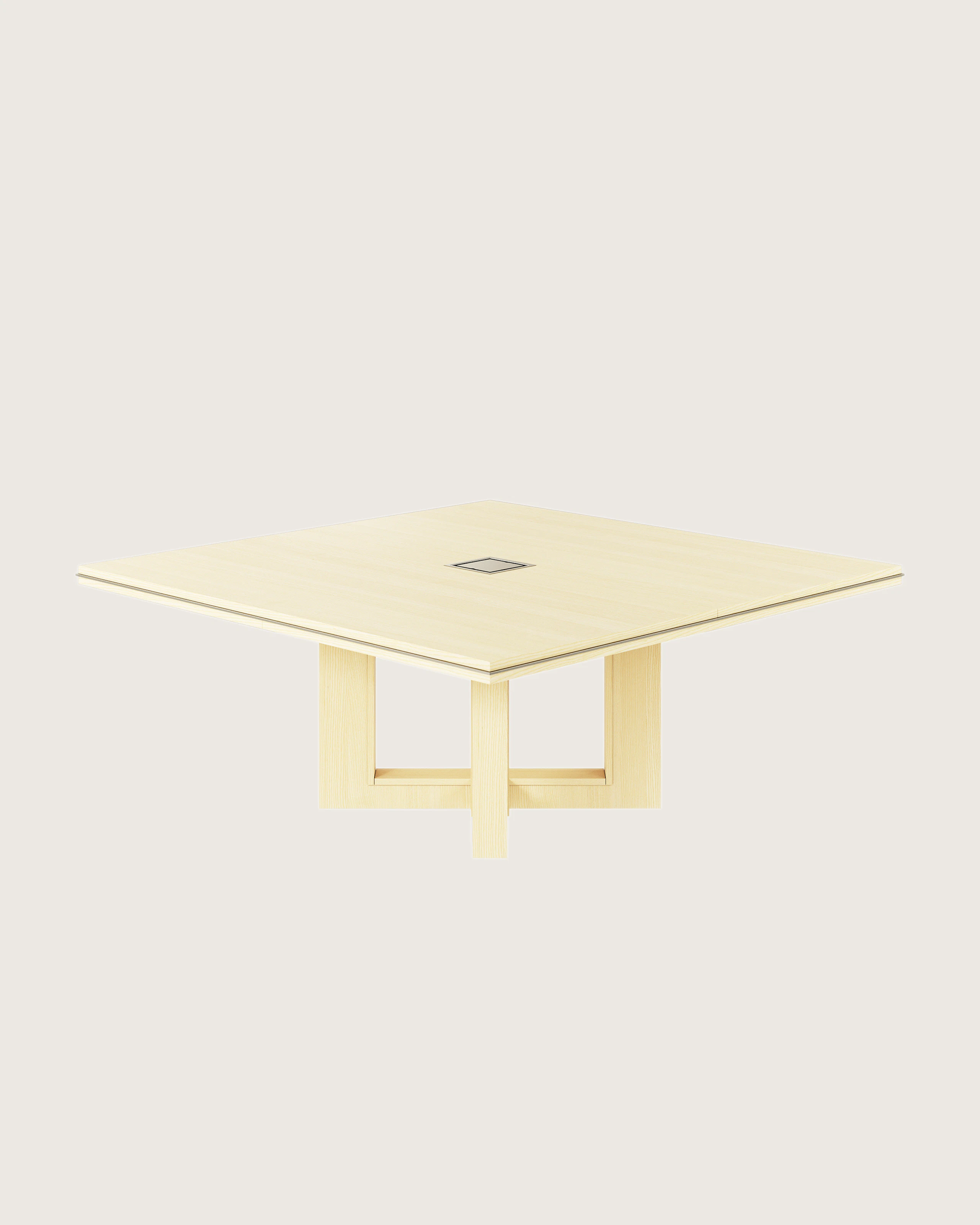 Square Highline Fifty Meeting Table in White Quarter Cut Ash and Satin Nickel details viewed from a 45 degree angle.
