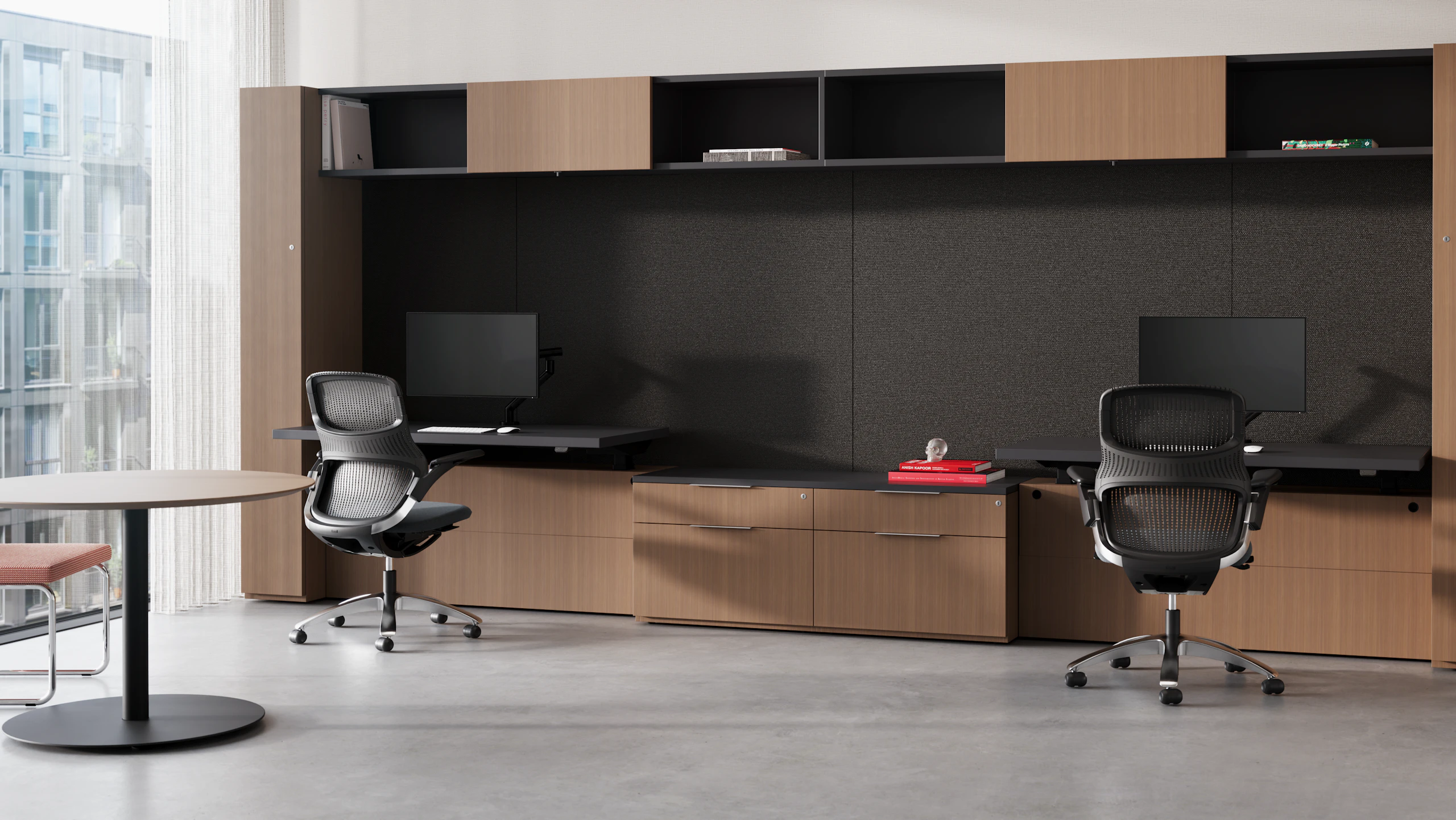 Reff Profiles shared private office with Reff disc-based table as side seating.