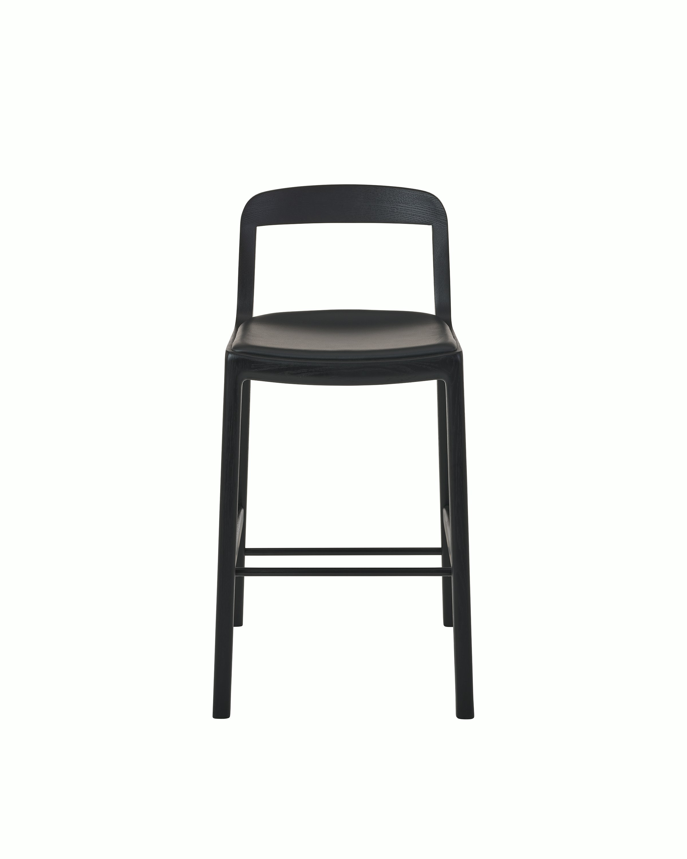 Lijn Stool by Carole Baijings for Geiger in Ebonized Oak frame upholstered with Maharam Prone Leather in Obsidian, front view on a white sweep.