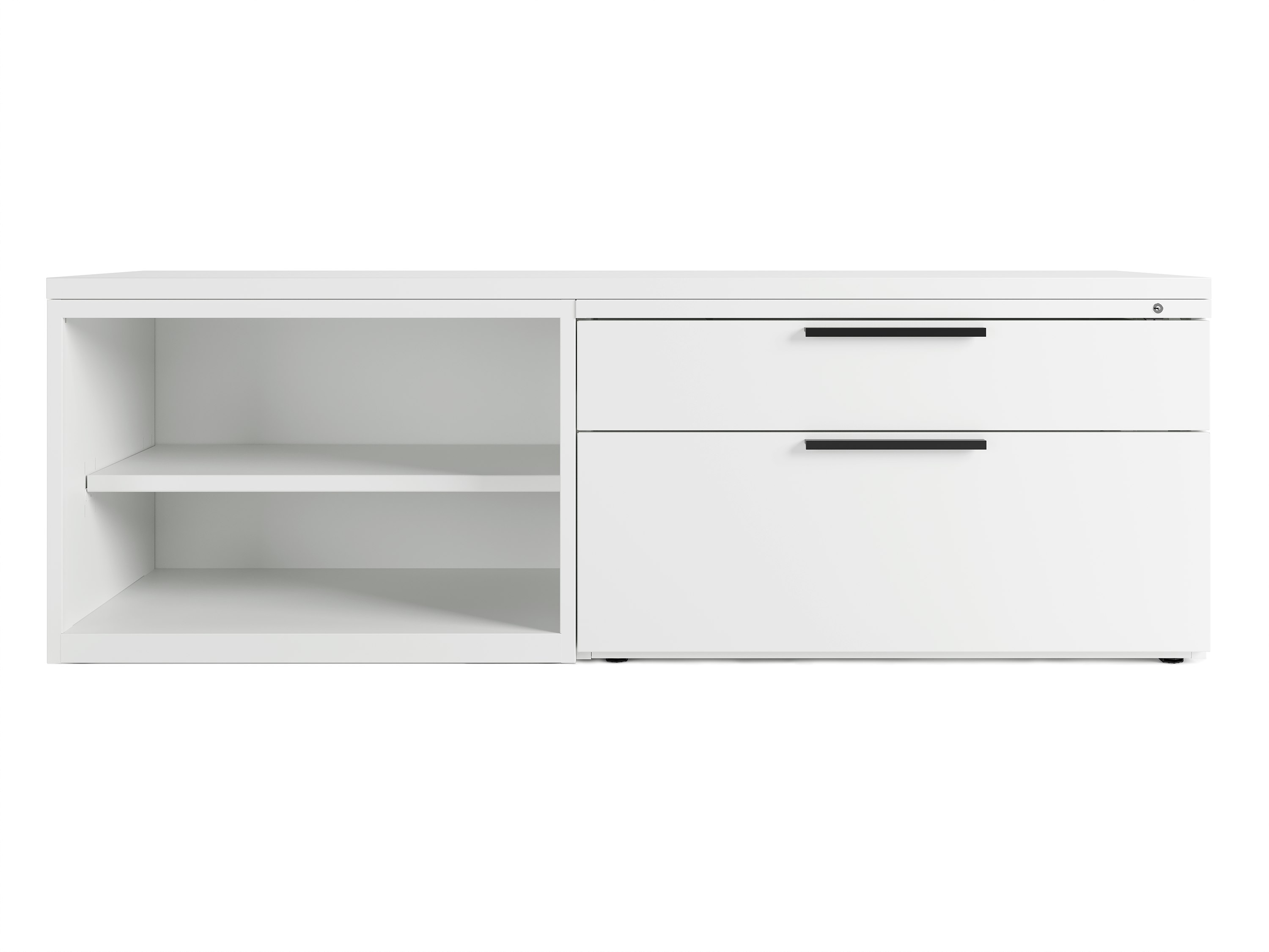 White Series 2 open credenza shelf and credenza drawers..