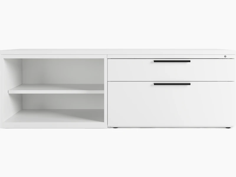 White Series 2 open credenza shelf and credenza drawers..