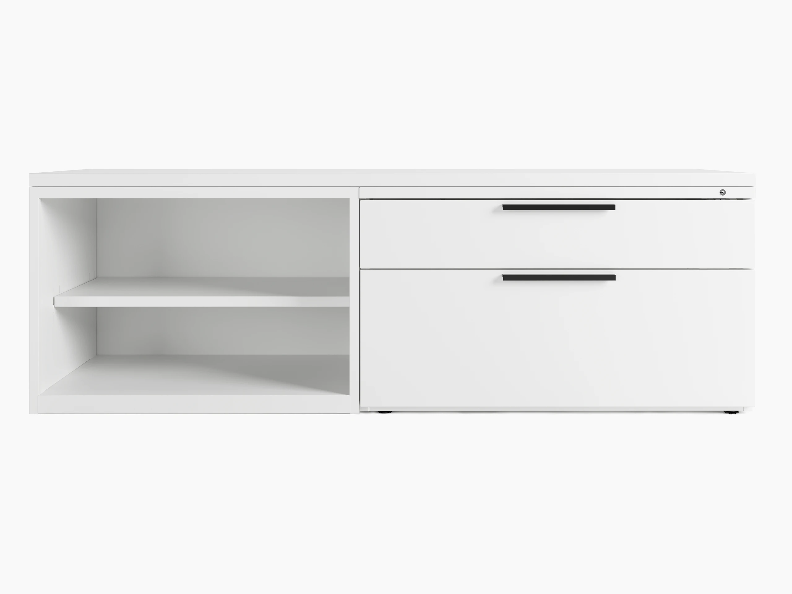 White Series 2 open credenza shelf and credenza drawers..