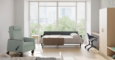 Gemma Recliner and Gemma Double Sleep Sofa in open position in a patient room.