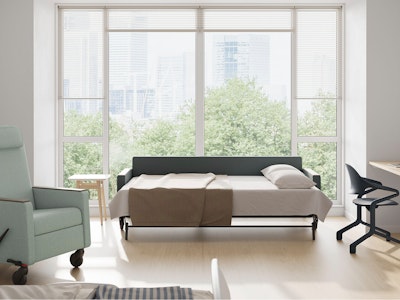 Gemma Recliner and Gemma Double Sleep Sofa in open position in a patient room.