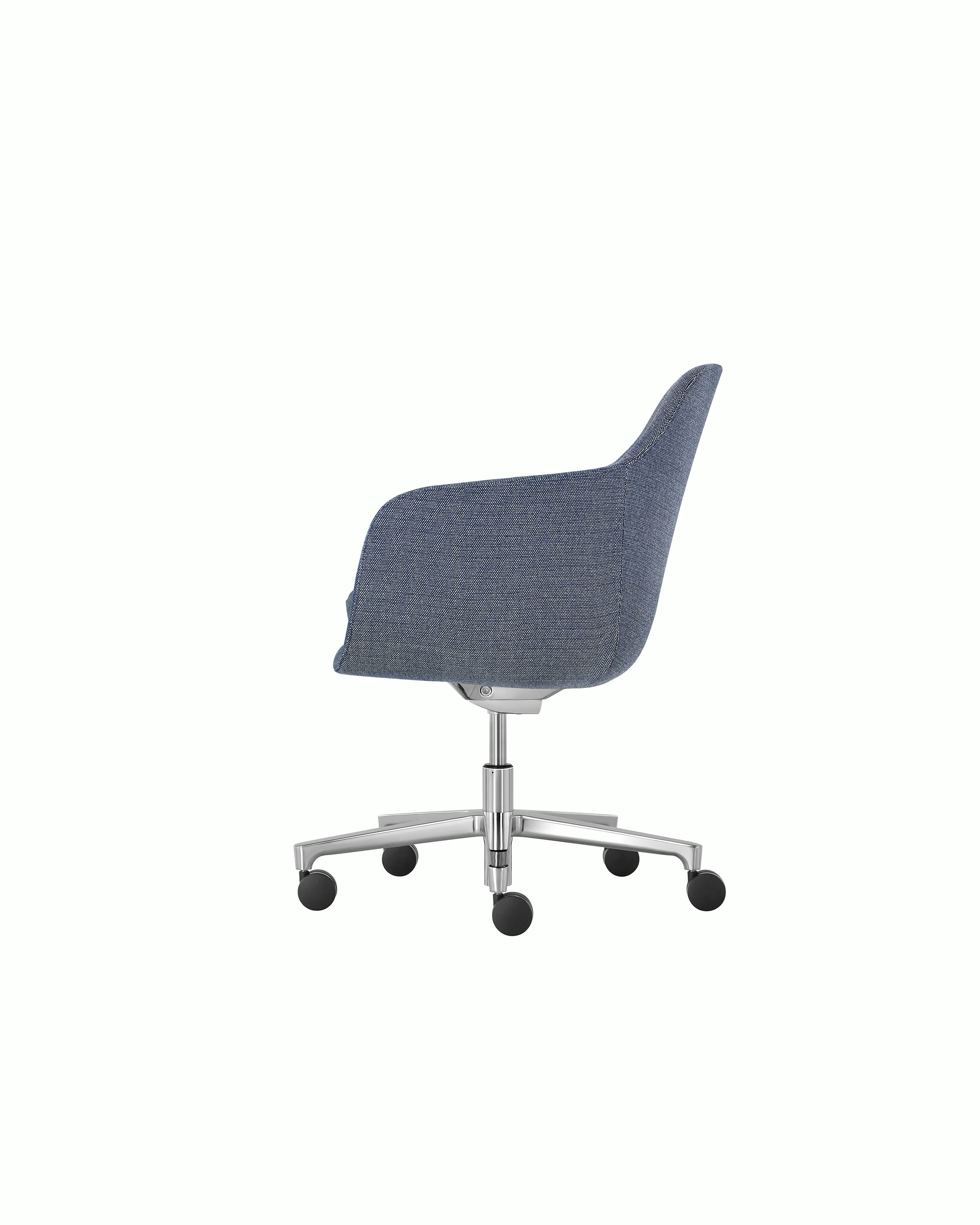 A Saiba Chair with blue upholstery and casters, viewed from the side.