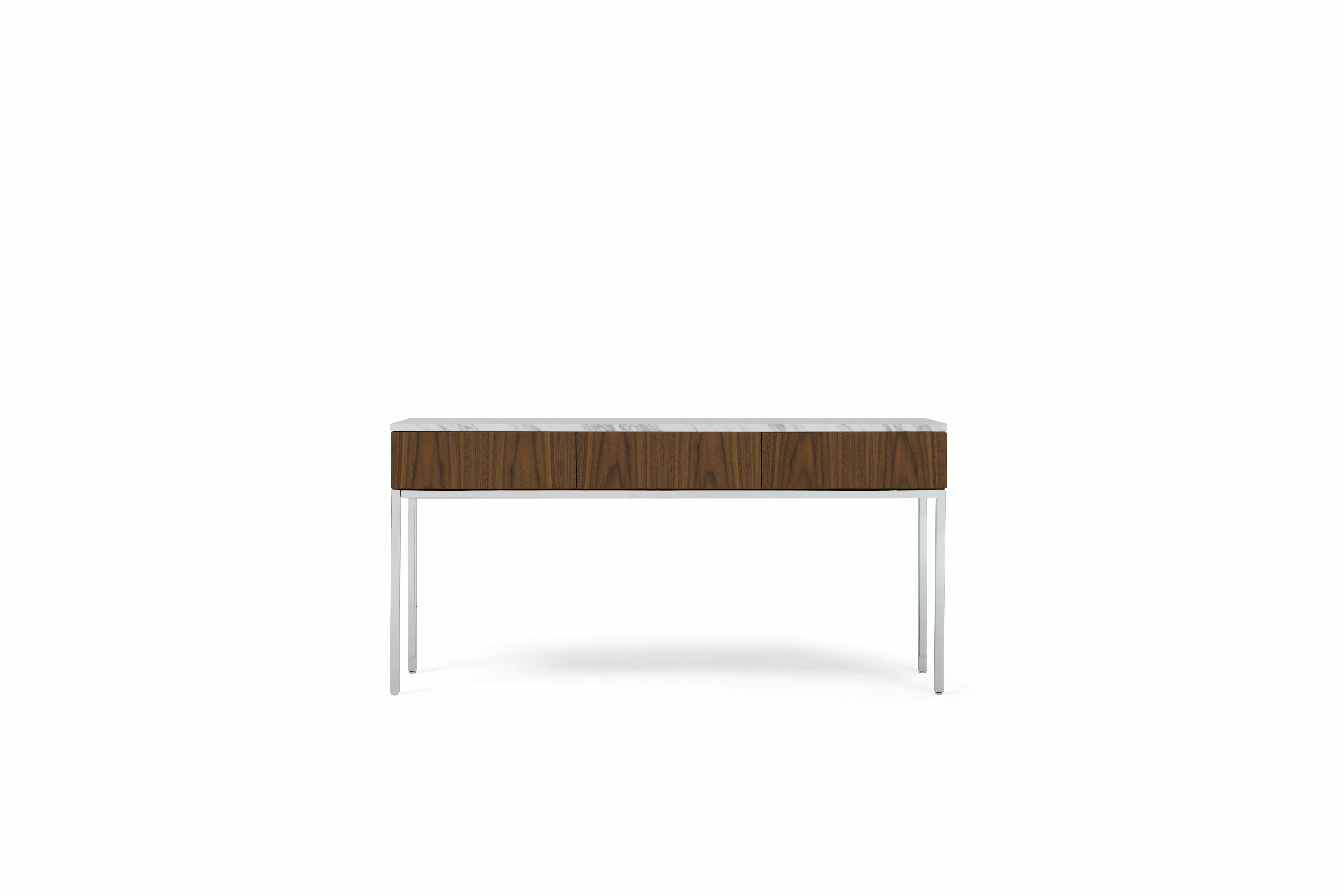 A Knoll Chermayeff Console Table in Walnut, Carrara Satin Coated Marble viewed from the front.