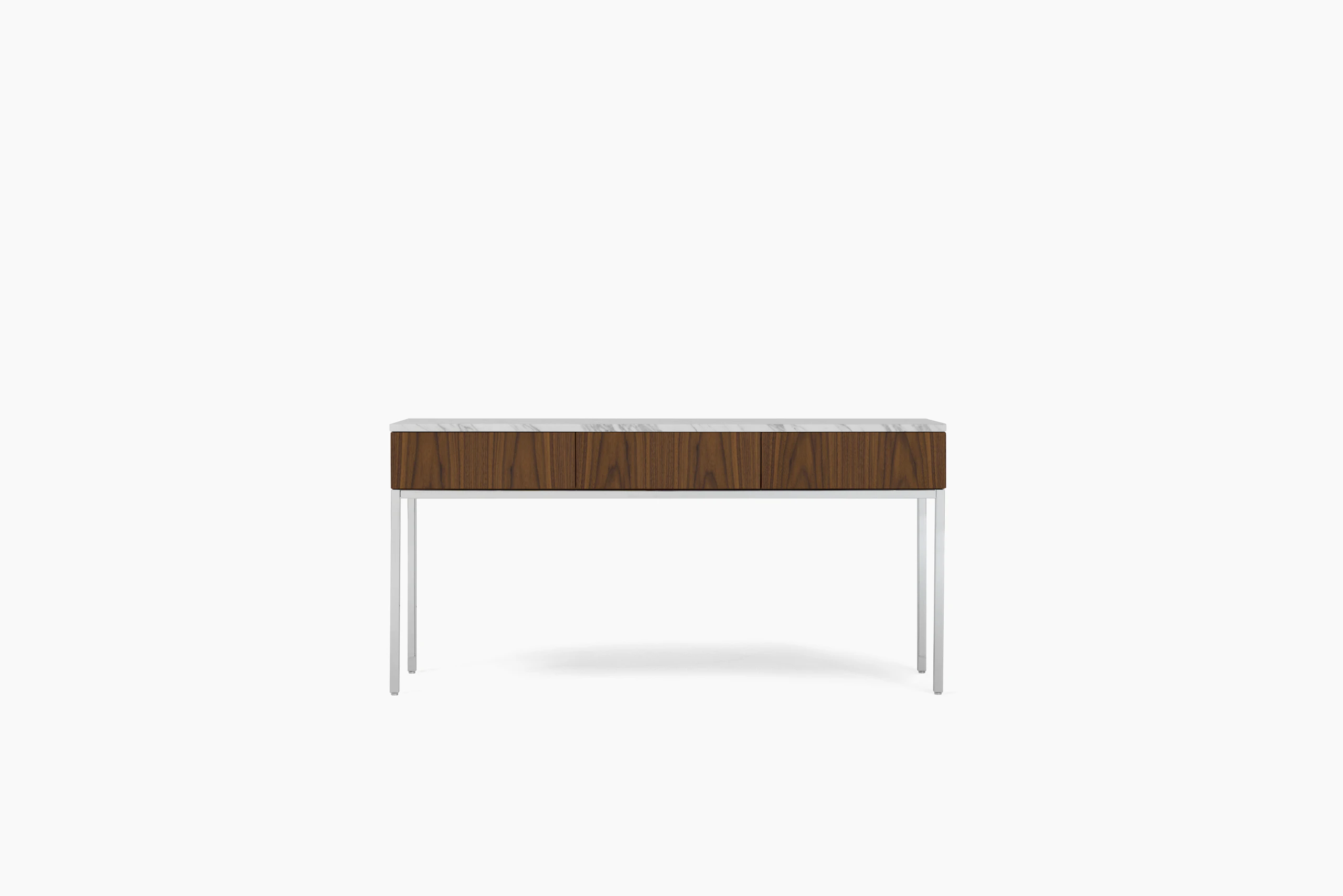 A Knoll Chermayeff Console Table in Walnut, Carrara Satin Coated Marble viewed from the front.