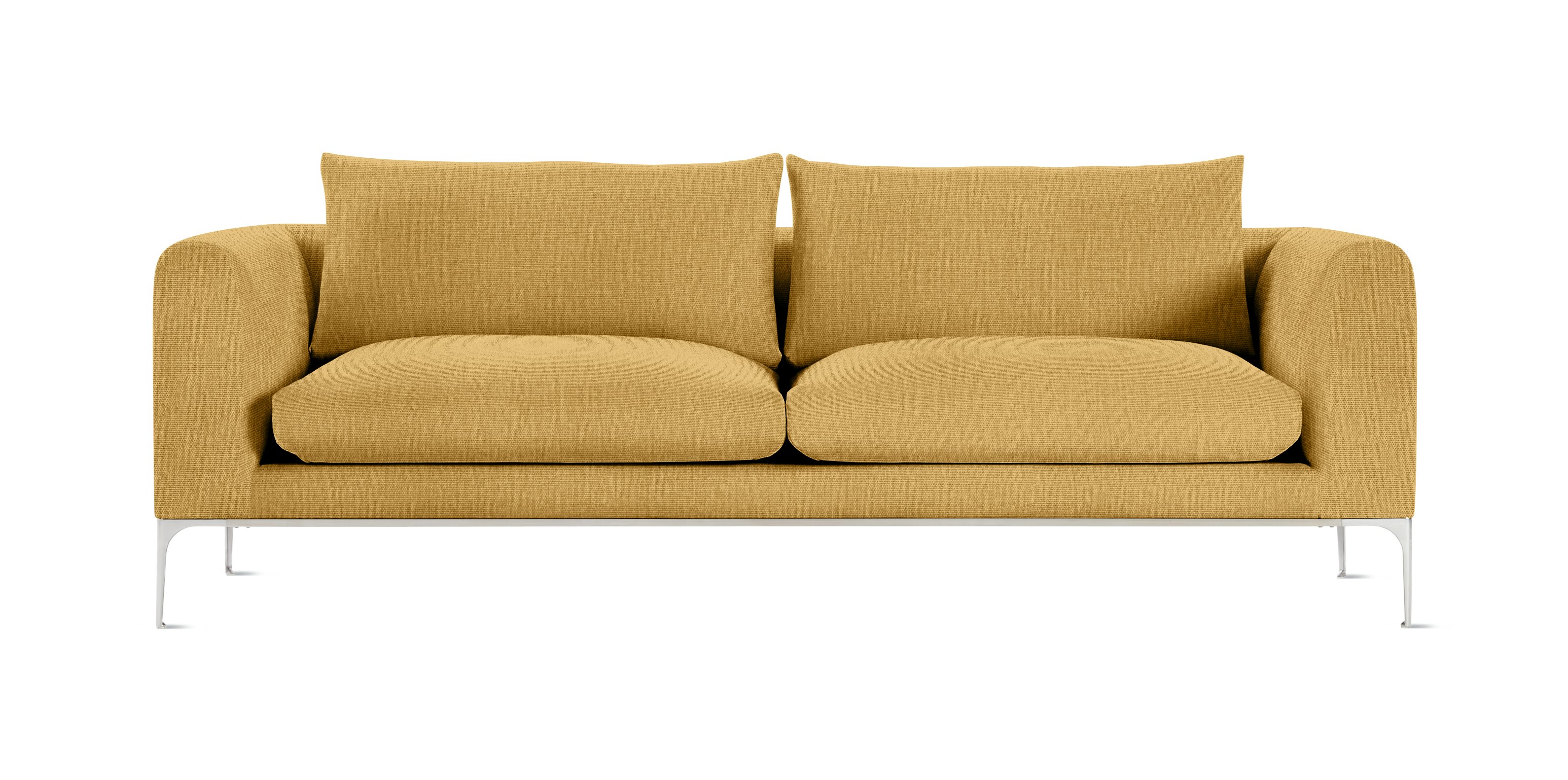 A Jonas Sofa in Metaphor, Centerstage with Aluminum finish viewed from the front.