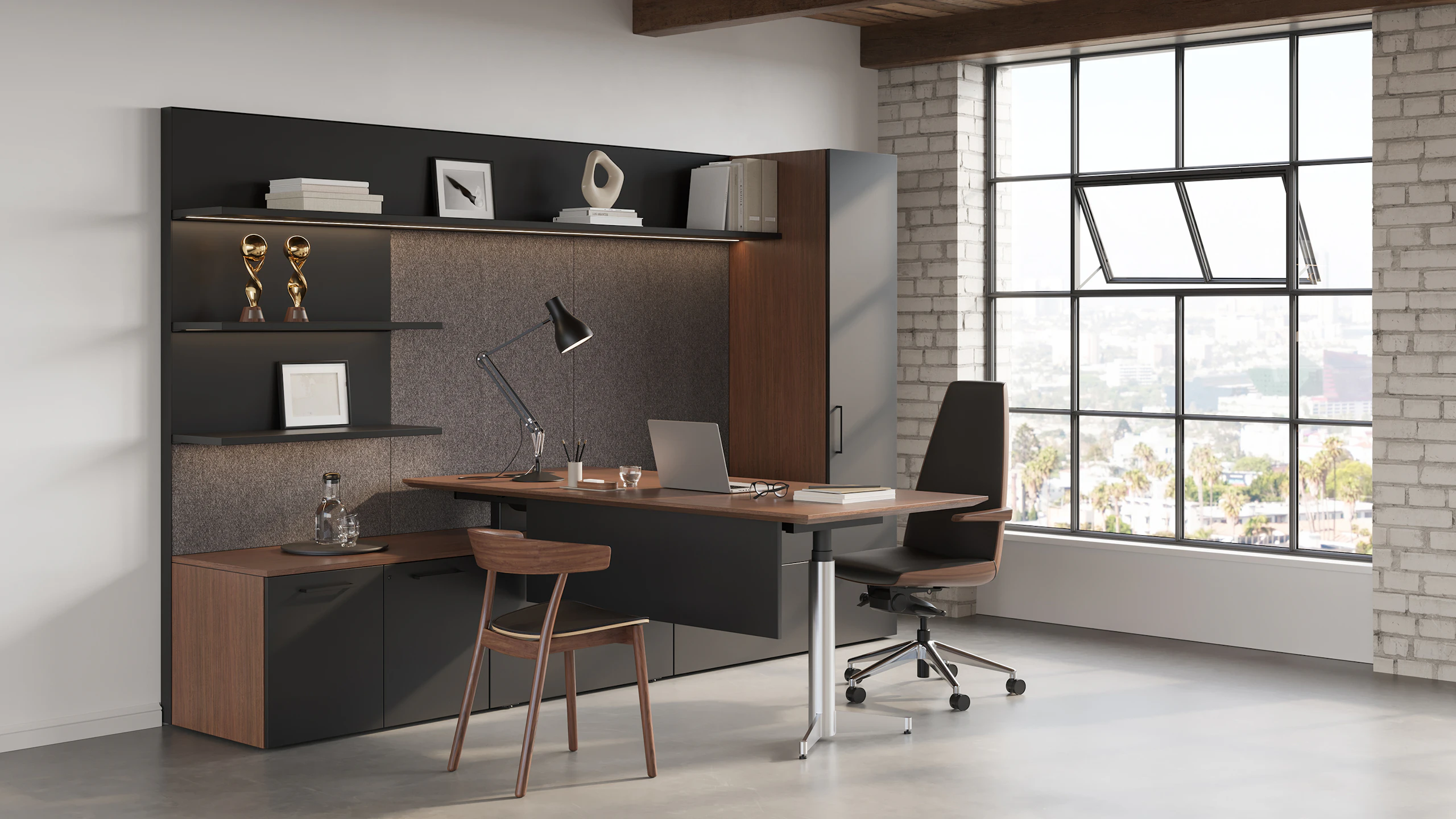 Geiger One Private Office in a loft setting in Walnut Recograin with Clamshell Office Chair and Leeway Guest Chair.