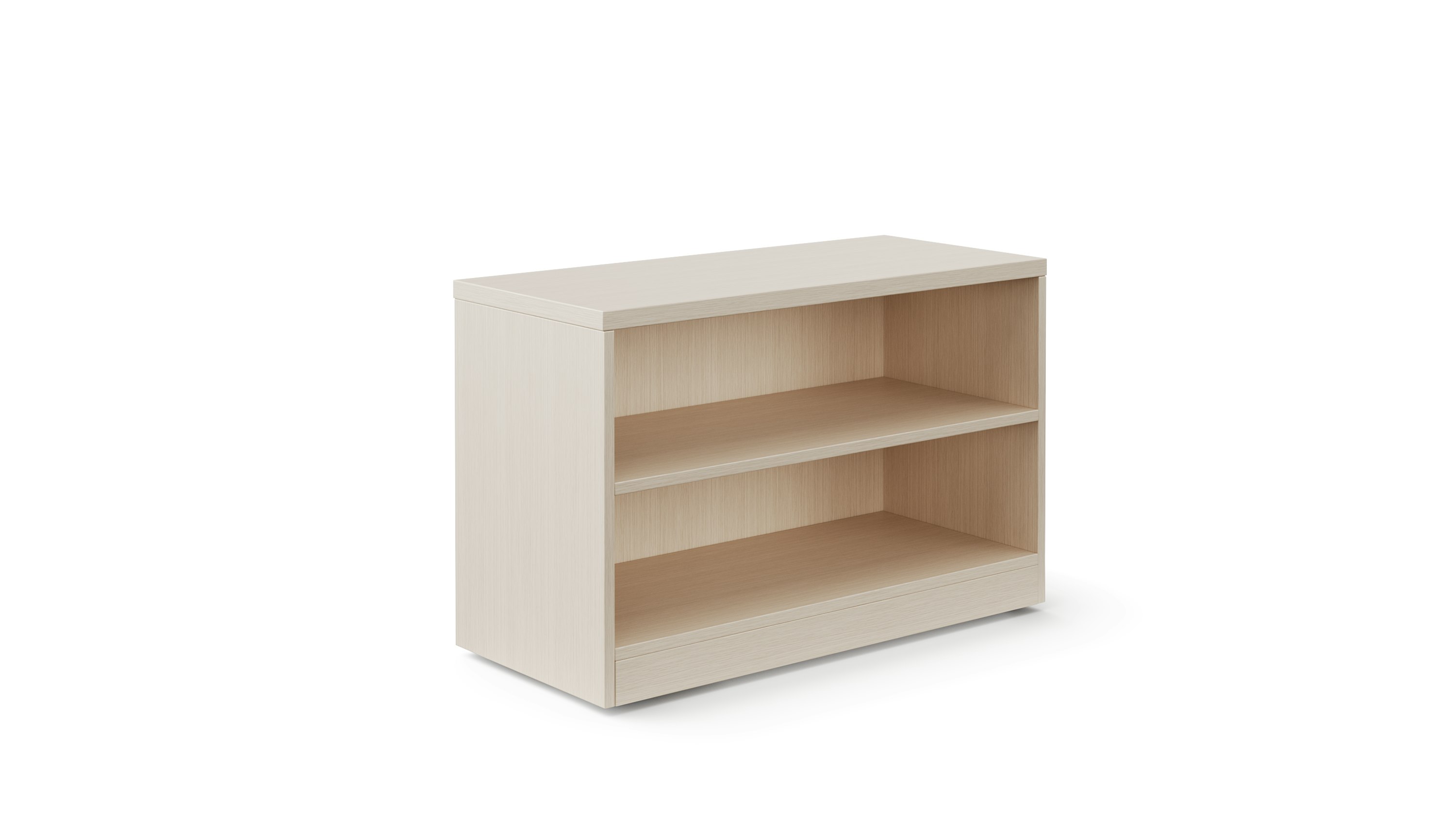 Credenza with open shelves viewed from an angle.