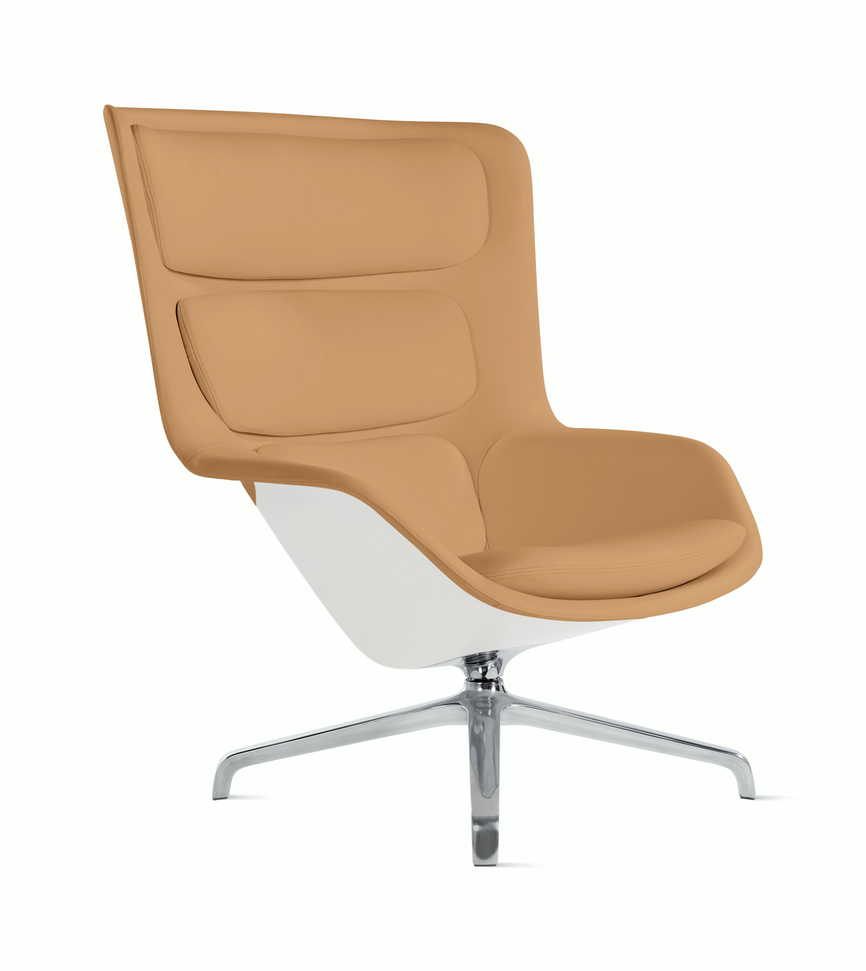 Striad Lounge Chair in High Back,  4-Star Swivel Base Polished Alumium,  Prone Leather,  Shore with White Shell