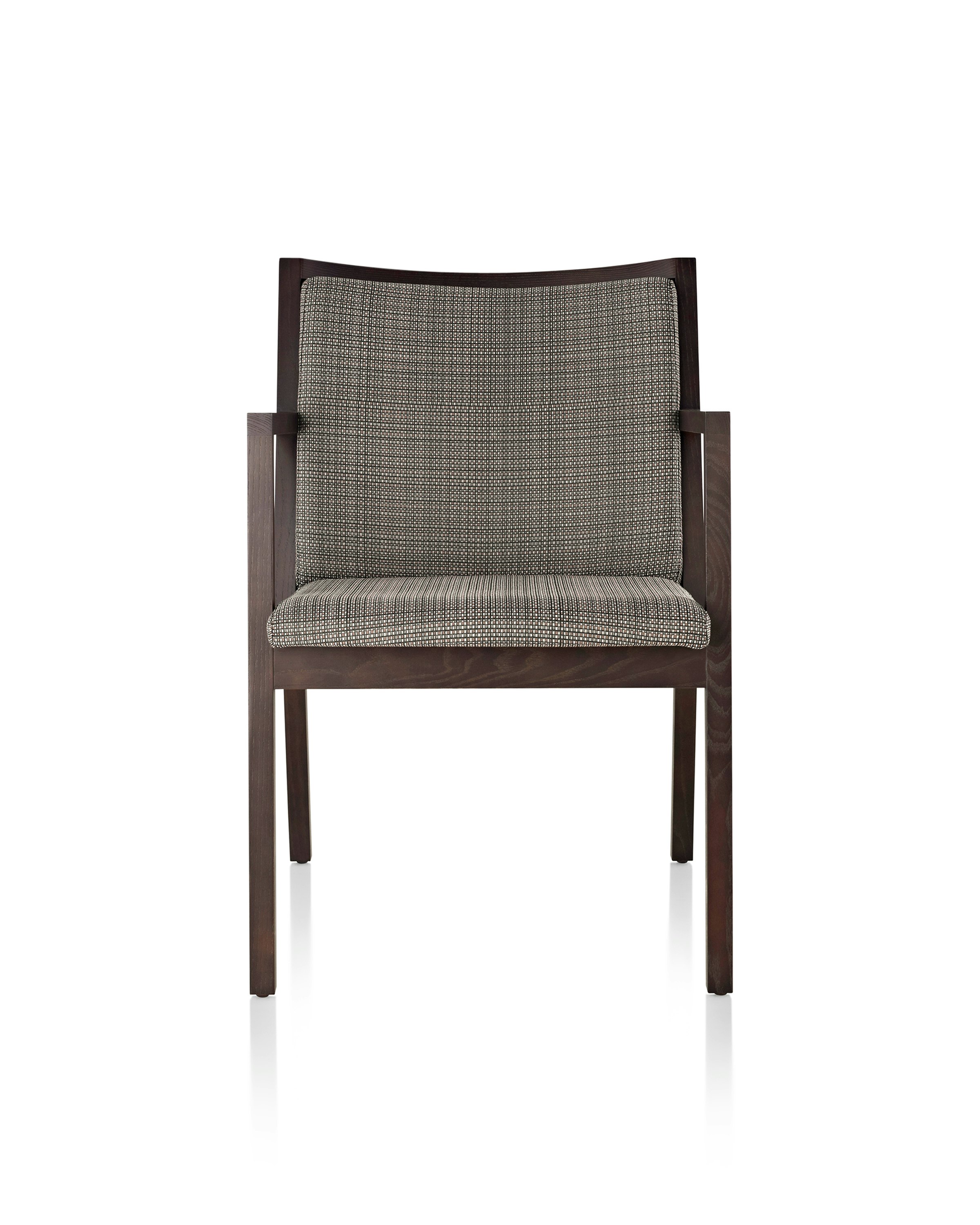 An Ascribe side chair with gray Tattersall Reverse upholstery and a wood frame with a dark finish, viewed from the front.