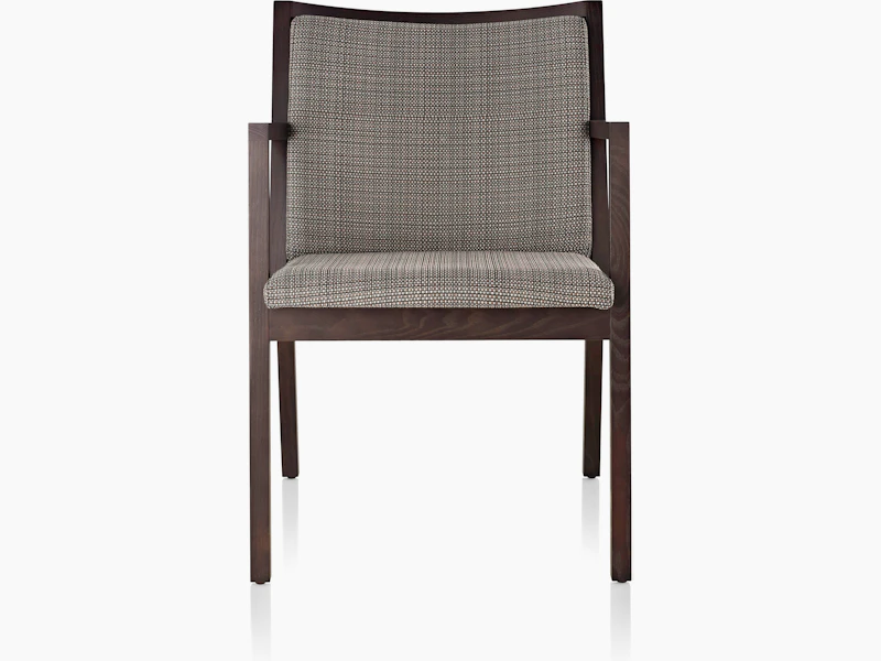 An Ascribe side chair with gray Tattersall Reverse upholstery and a wood frame with a dark finish, viewed from the front.