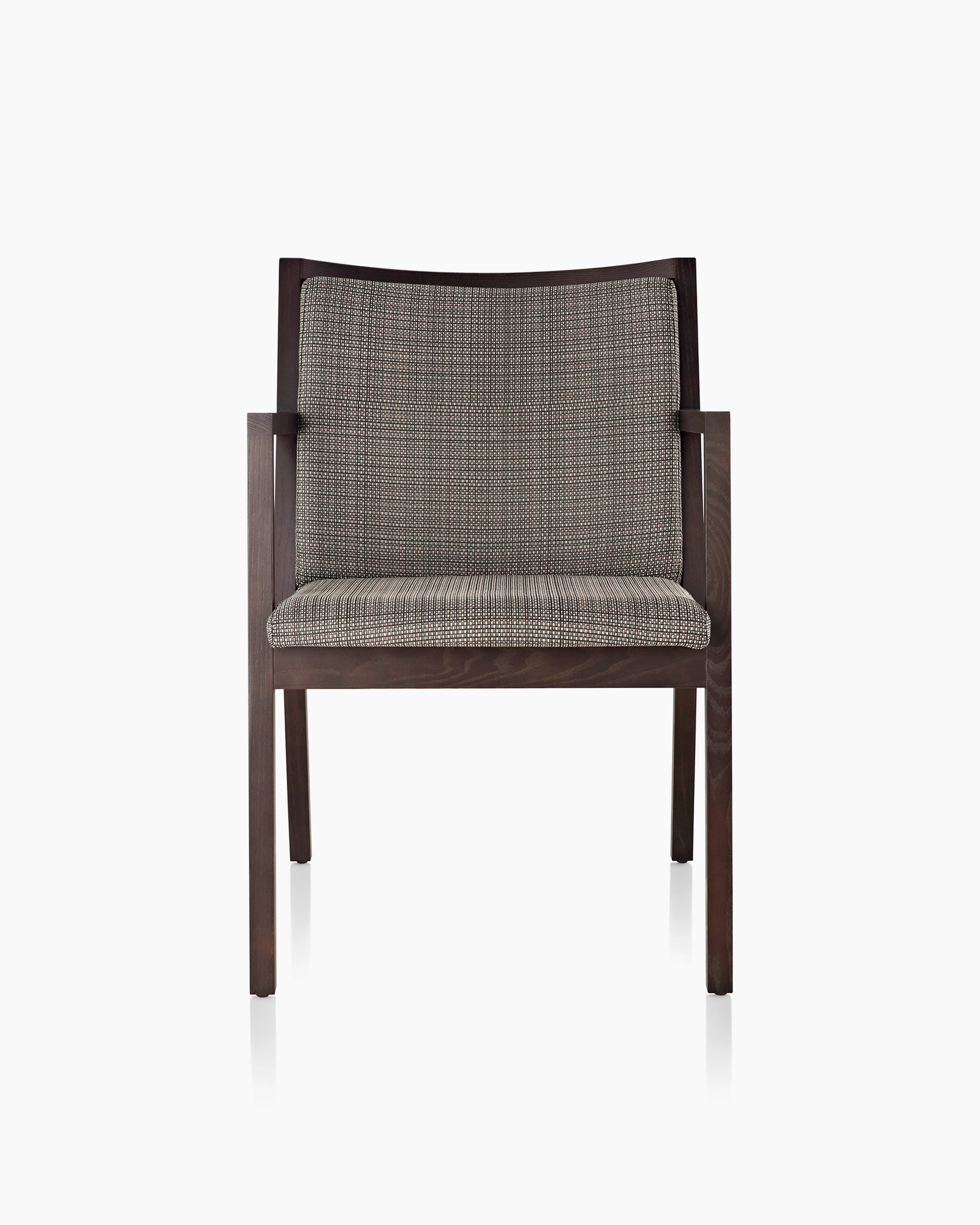 An Ascribe side chair with gray Tattersall Reverse upholstery and a wood frame with a dark finish, viewed from the front.