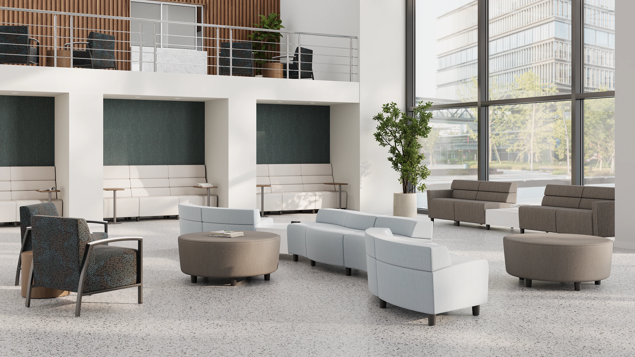 Large waiting room in hospital main floor lobby with Steps Lounge System and Brava Modern Chair
