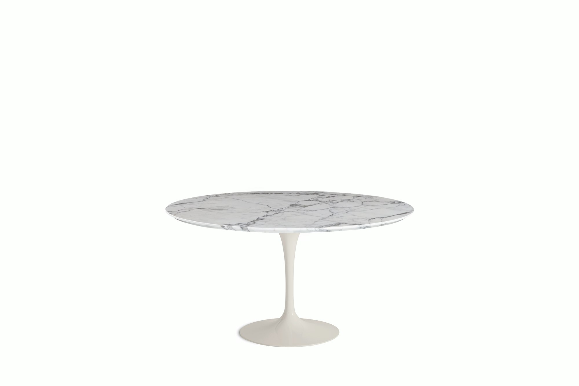 A Saarinen Dining Table in Arabescato viewed from the front.