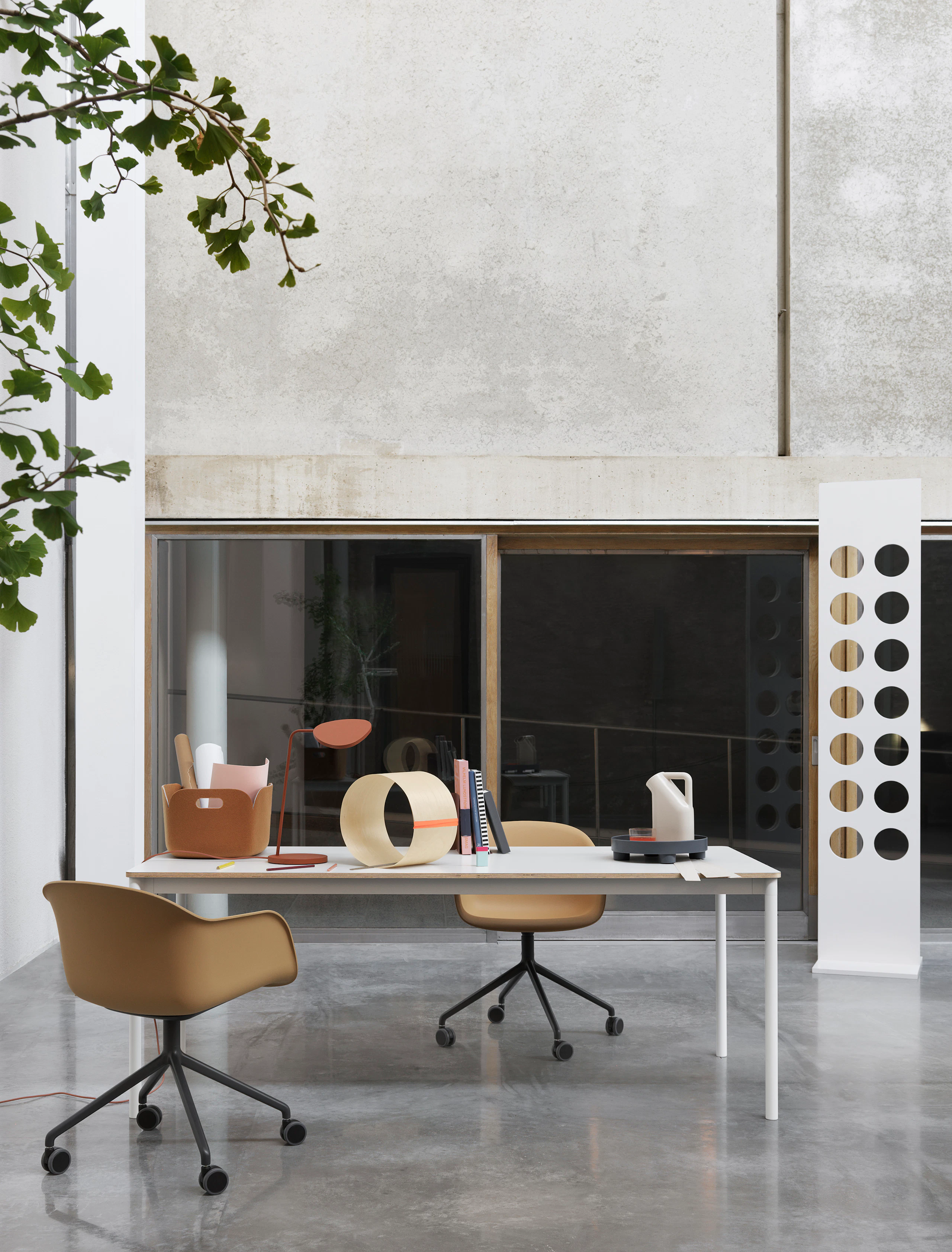 Fiber Armchair Swivel Base with Castors, Ochre/Black. Base Table White Laminate/Plywood/White. Restore Basket Burnt Orange. Leaf Table Lamp Copper Brown. Tub Jug Sand. Platform Tray Blue Grey.