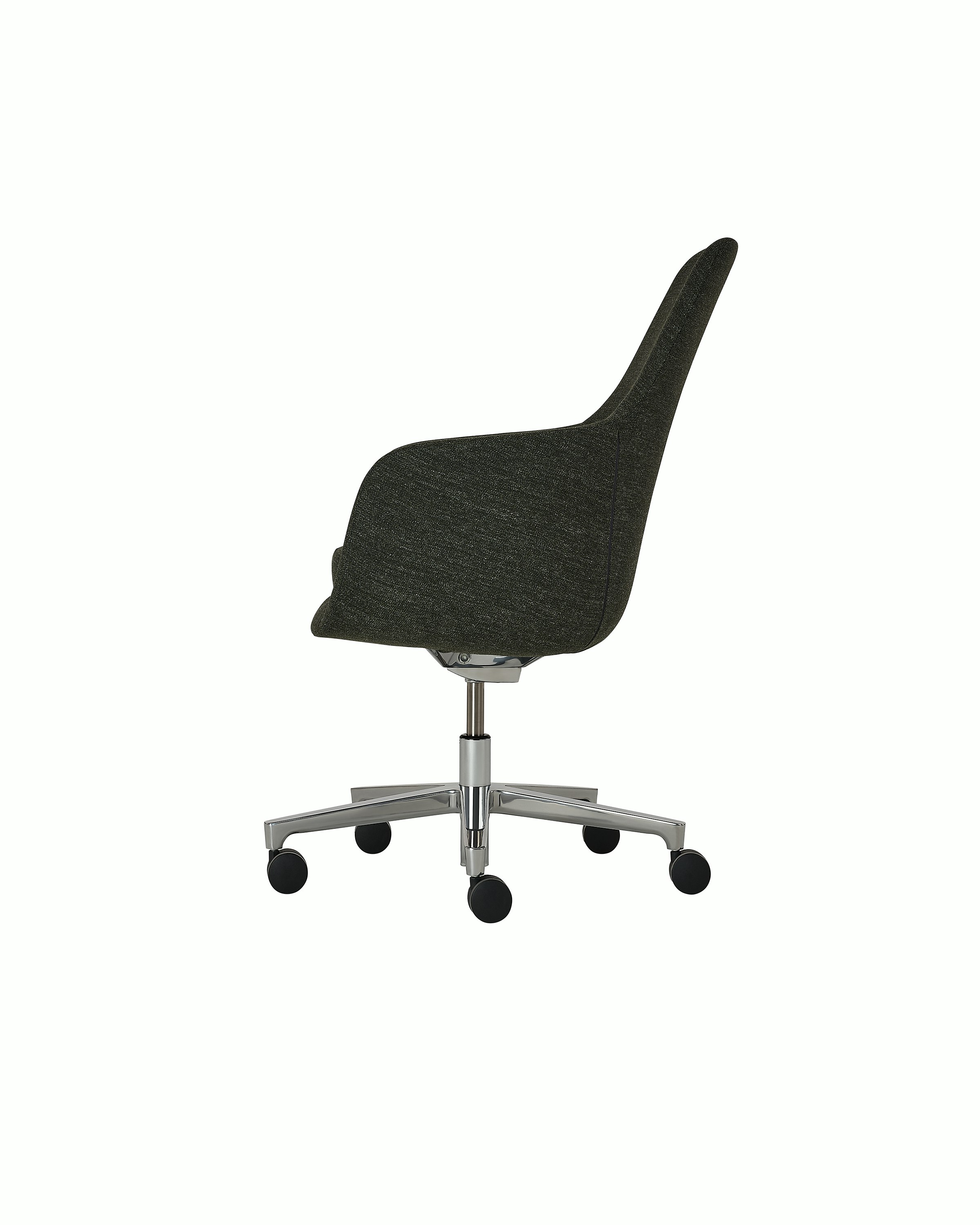 Saiba High Back Conference Chair designed by Naoto Fukasawa upholstered in Bellano in Black Green with a polished aluminum base, shown in profile on a white sweep.