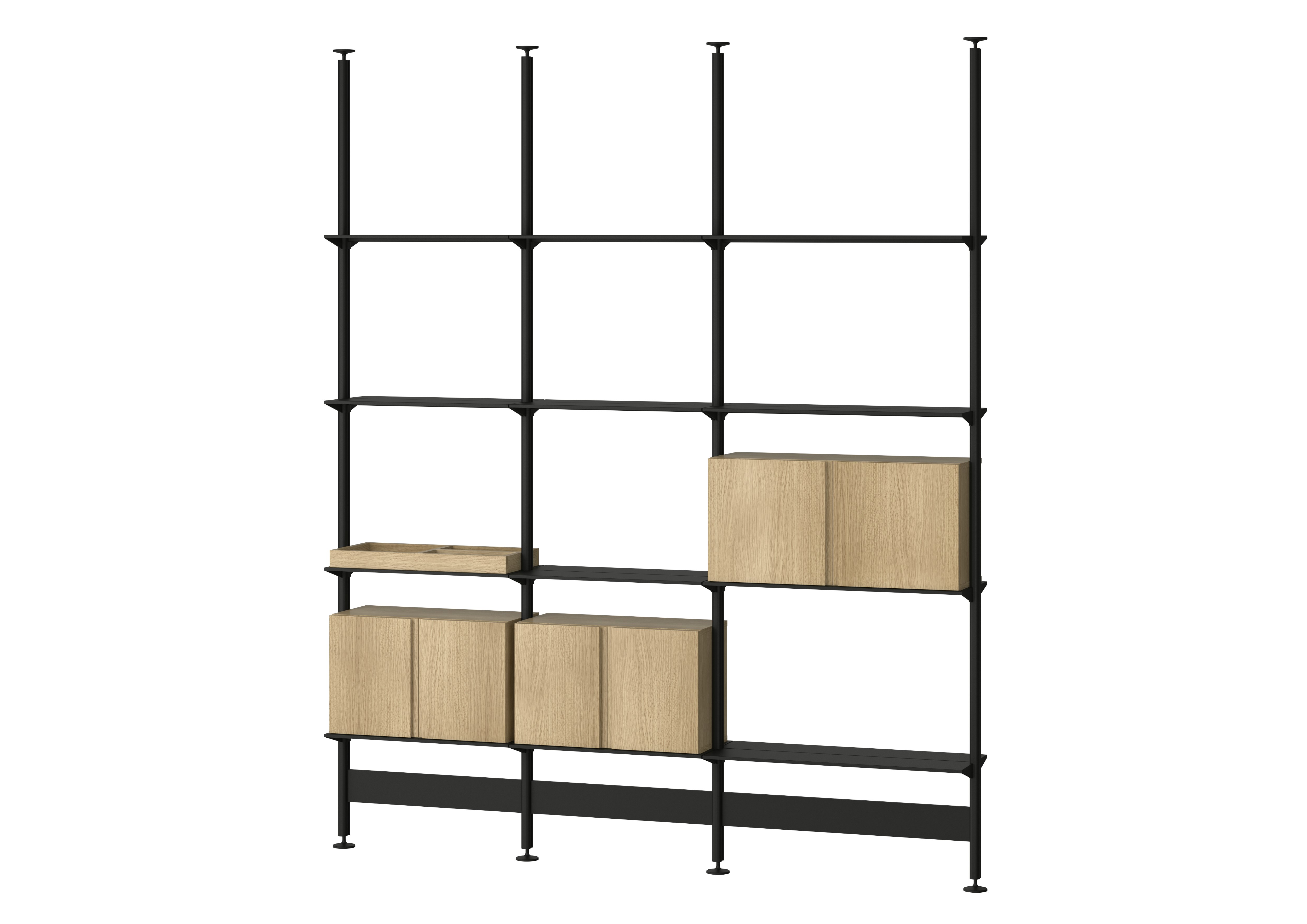 Pira Floor Shelving  - 3 Bay, 121.2" - 124.4"", Black / White Oak"