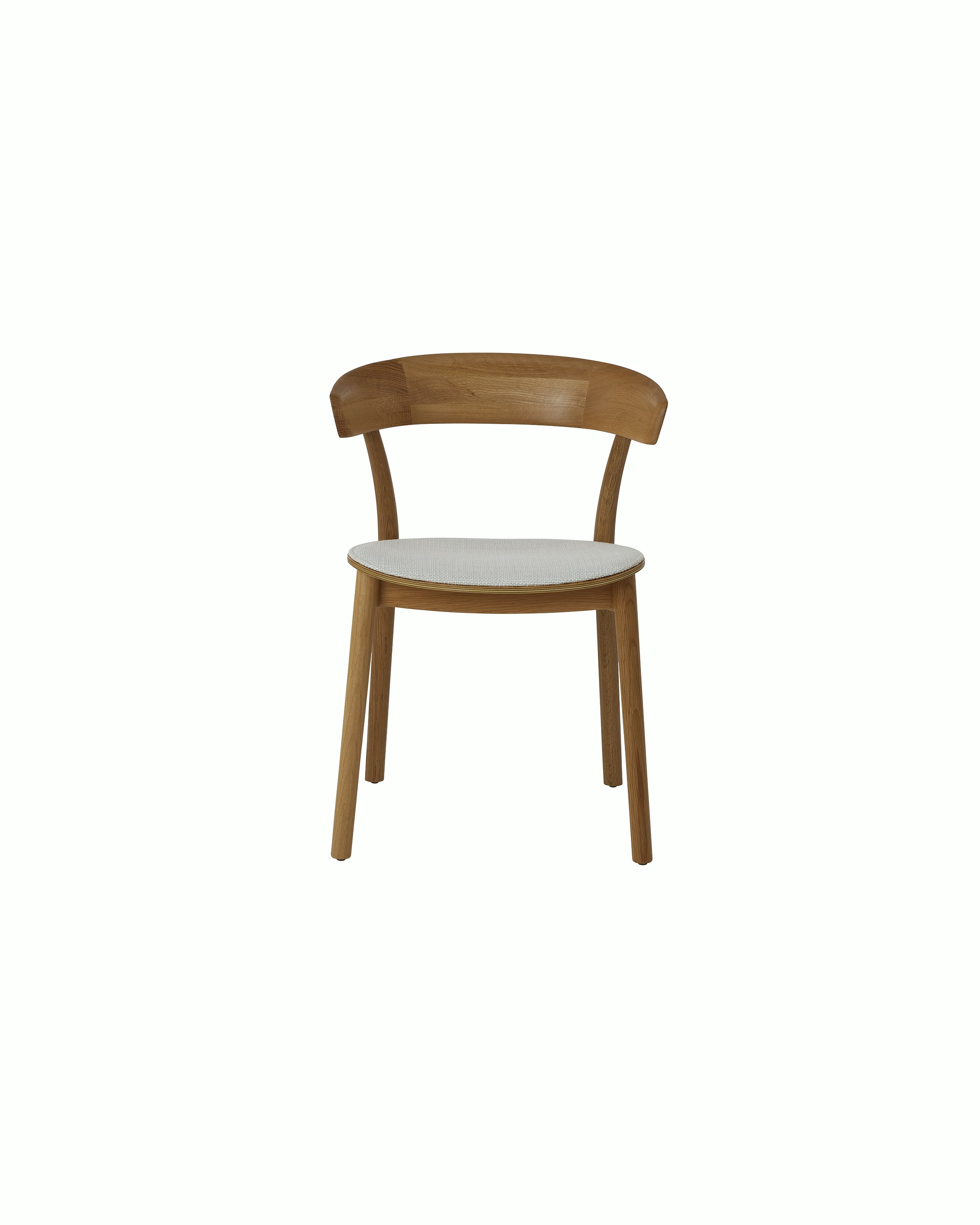 Leeway Chair by Keiji Takeuchi for Geiger in Natural Oak with Capri in Show upholstery, front view on a white sweep.