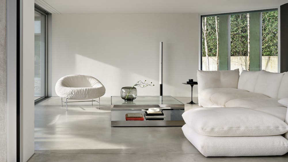 Bun Lounge Chair, D'Urso Coffee Table in Stainless and Pillo Sofa and Ottoman